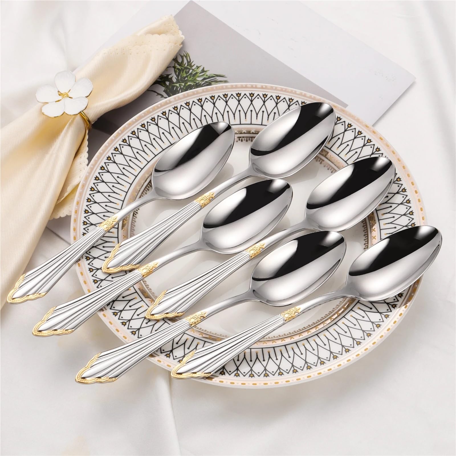 Löffel Luxuriöses, vergoldetes, glänzendes Tafellöffel-Set – 21 cm große, spülmaschinenfeste Tafellöffel aus Edelstahl 18/10, 2/3/4/5/6 Stück(Style10)