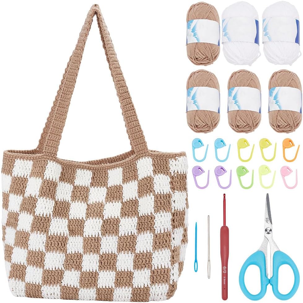 ORIGACH DIY Crochet Tote Bag Kit for Beginners Adults Crochet Checkered Pattern Handbag Starters Kit Include Yarn, Hooks, Instruction, Video Tutorials, Khaki