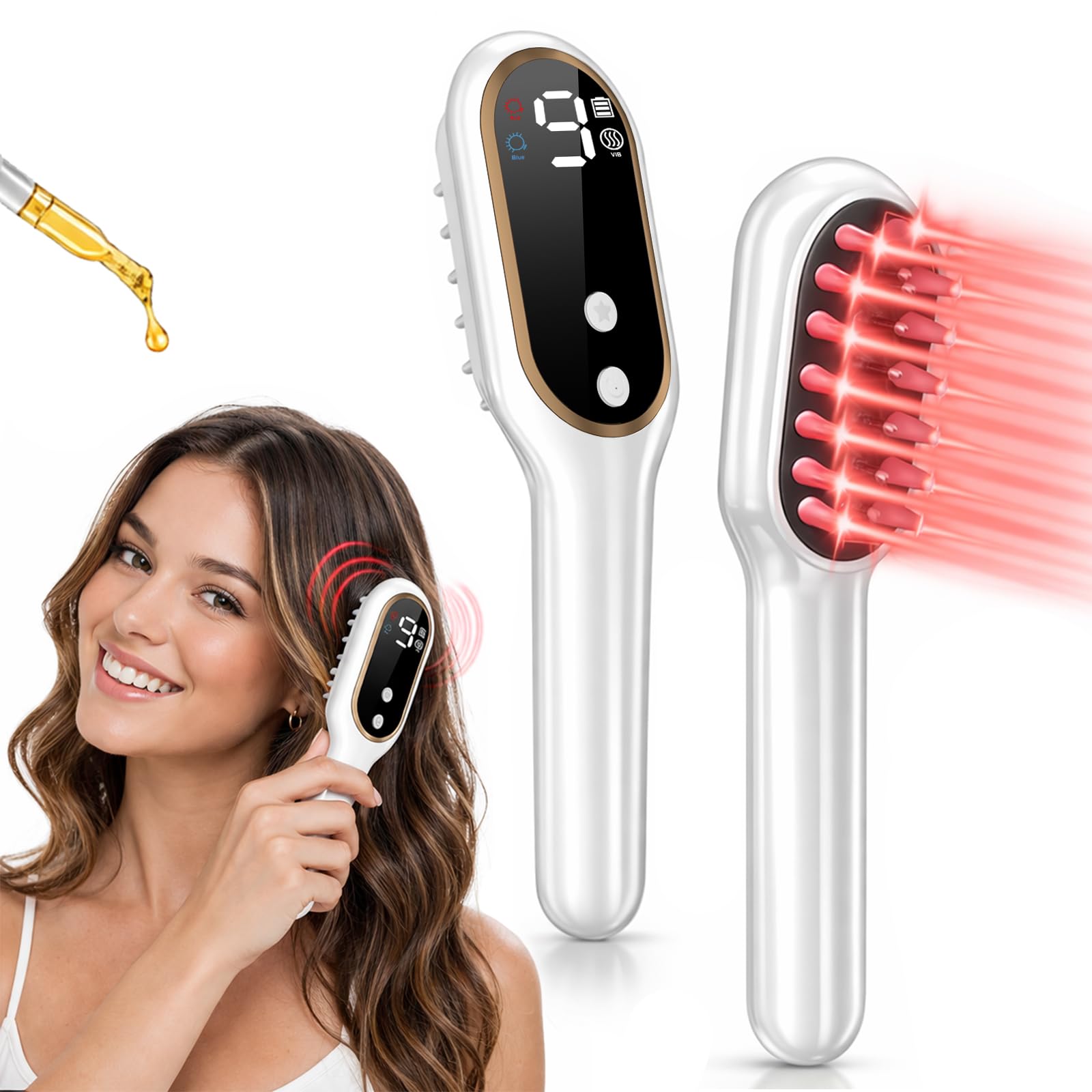 4-in-1 Red Light Scalp Massager Brush with Oil Applicator, Electric Vibrating Hair Growth Comb, LED Light Therapy Scalp Care Tool, Cordless Head Spa