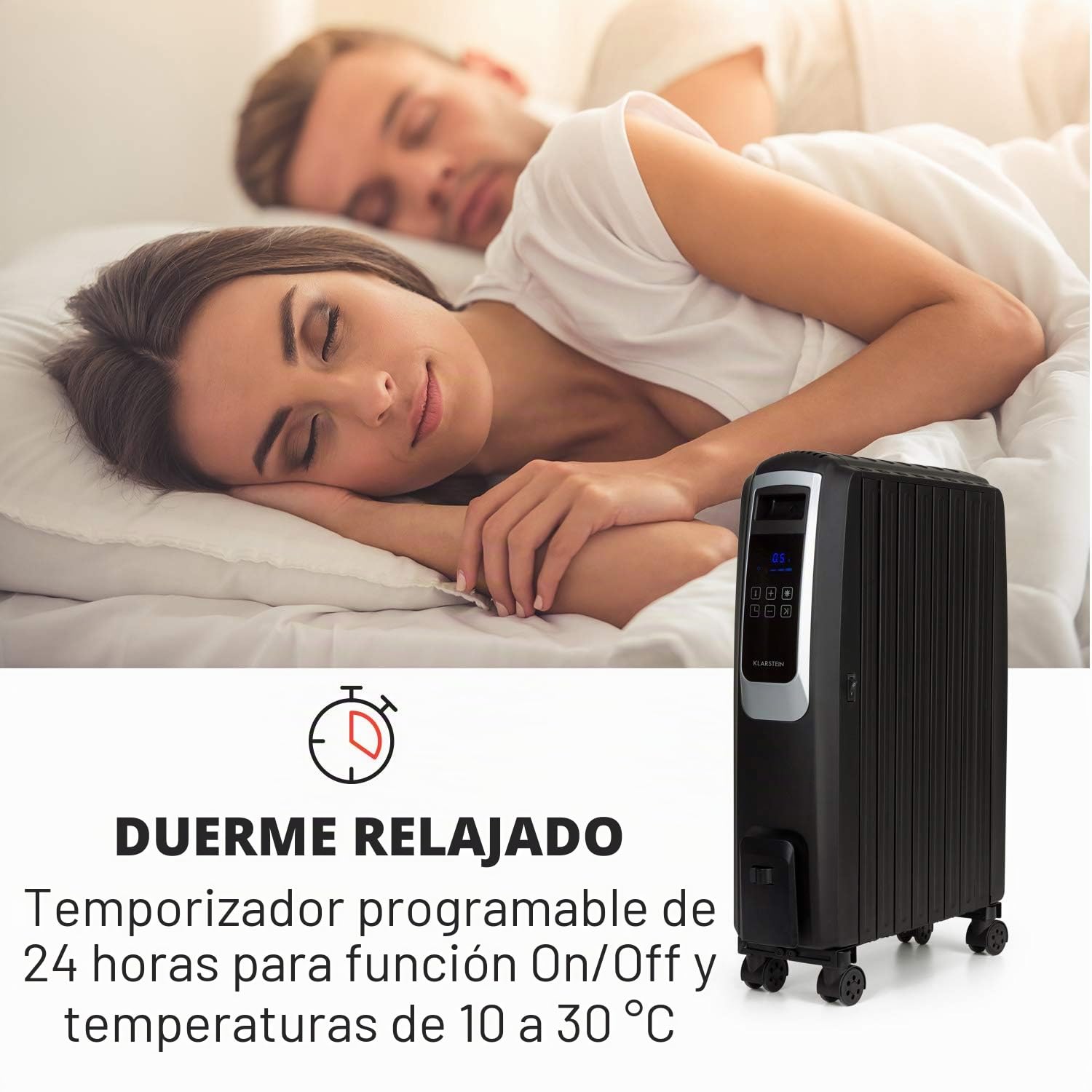 Klarstein Thermaxx Noir - Radiador de aceite de 2500W de potencia, 3 niveles, rango de temperatura: 10 – 30°C, temporizador 24h, función de encendido/apagado, tubo de calefacción doble U, negro