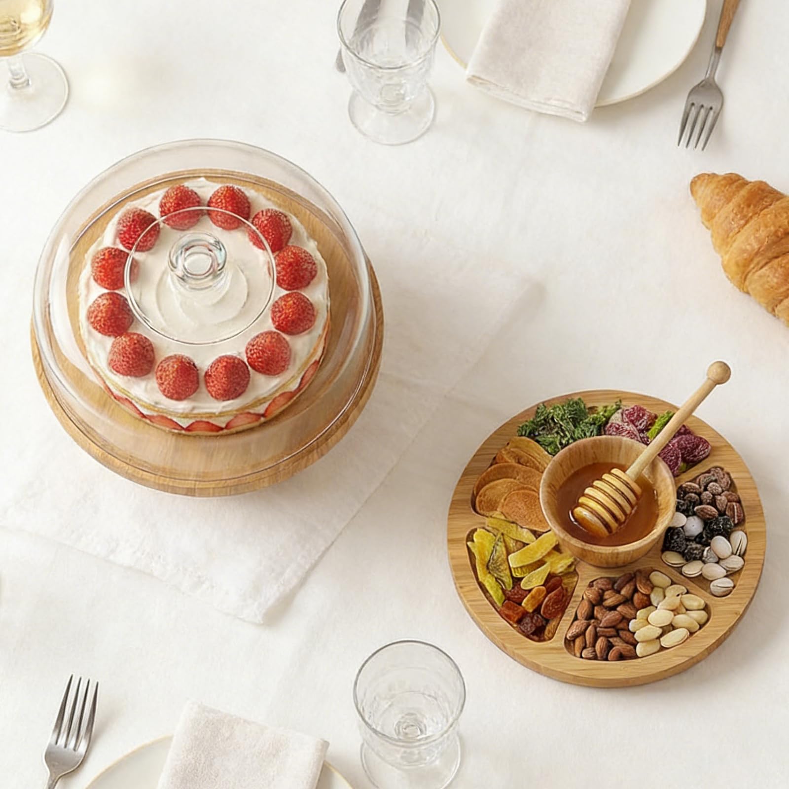 Tortenplatte mit Deckel,Kuchenständer aus Bambus und Holz,Tortenständer mit Fuß,2-in-1 Dessert-Display-Set & Charcuterie-Brett für Hochzeiten, Partys, Bäckereien
