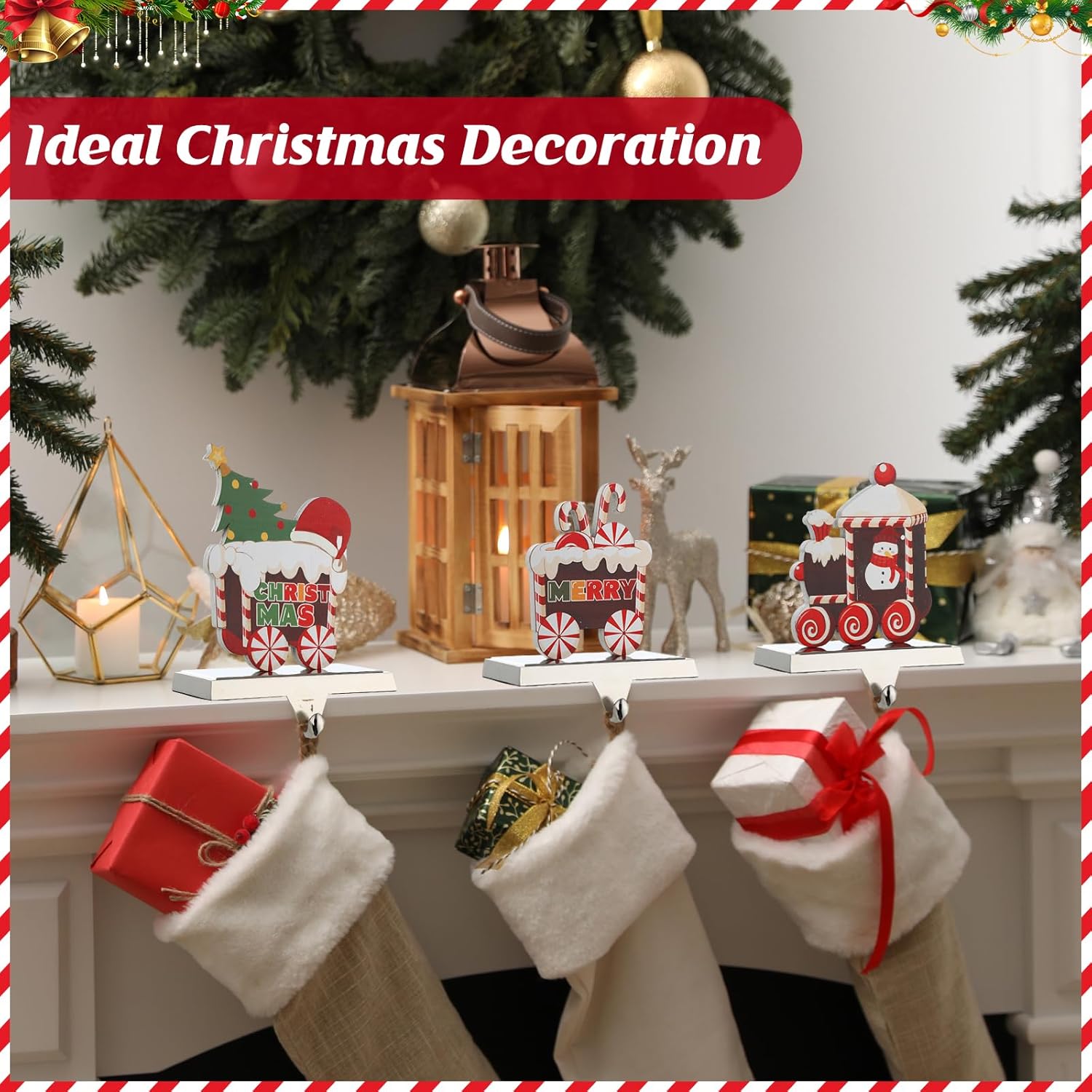 6 Pcs Christmas Stocking Holders for Mantle, Heavy Duty Metal Xmas Stocking Hangers Weighted Christmas Skid Mantel Hooks Hanger, Candy Train Elements for Fireplace Counter Window Decor