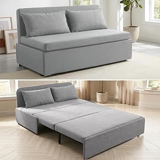 Mjkone Queen Size Pull Out Sofa Bed, 2-in-1 Linen Sleeper Couch Beds, 160CM W Living Room Sofa Couch Bed, Guest Bed with Mattress & Cushions & Pillows for Bedroom, Apartment, Small Spaces, Light Grey