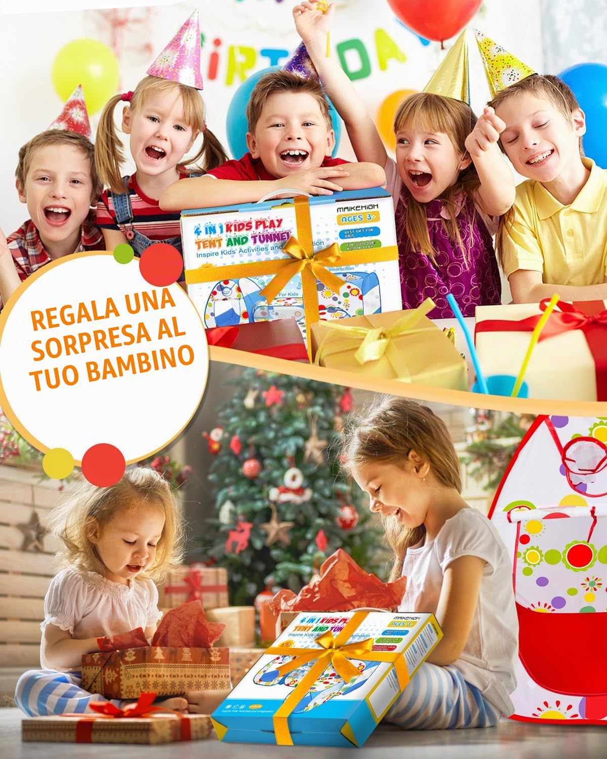MAIKEHIGH Tunnel Gioco per Bambini, 4 en 1 Pop Up Tenda | Pieghevole Piscina Palline Interno Esterno Giardino Gioco Ragazzi Ragazze Compleanno Regalo