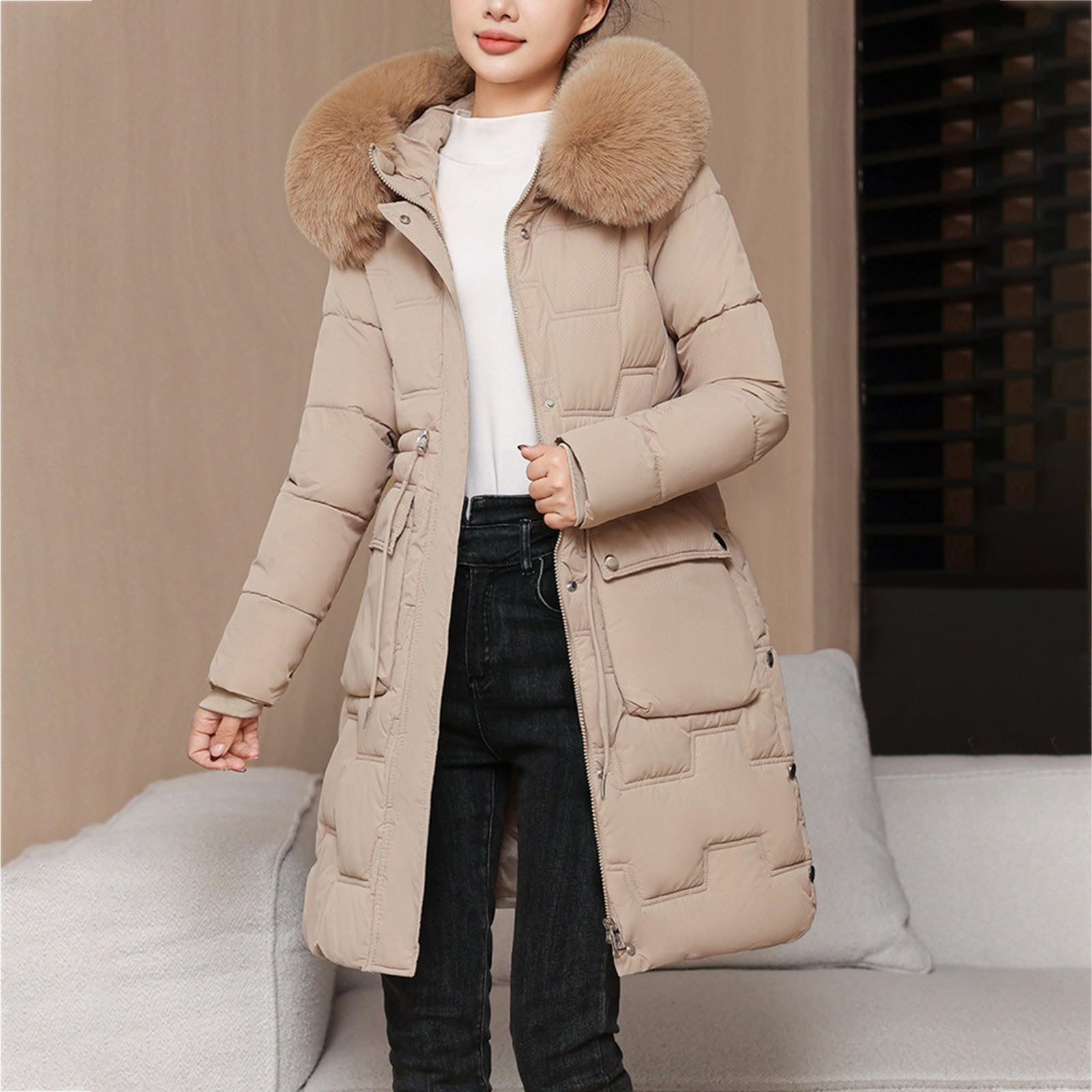 Giacche da donna UK Plus Size Mid Length Faux Fur Trim Hood Puffer Coat
