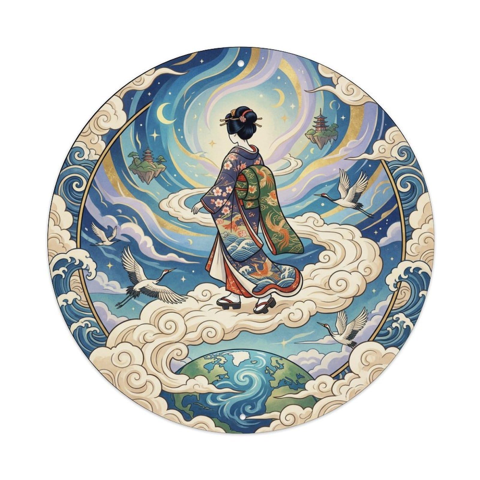 Galvaxio Style Japanese Kimono Woman Walking Clouds Heaven Ethereal Metal Tin Sign