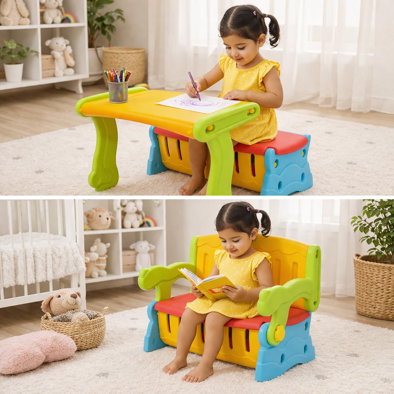 The Tickle Toe 3-in-1 Convertible Bench Table Chair with Storage | Multipurpose Kids Plastic Furniture – Multicolour (Modern, 64.5 x 49 x 50.5 cm)-image-41