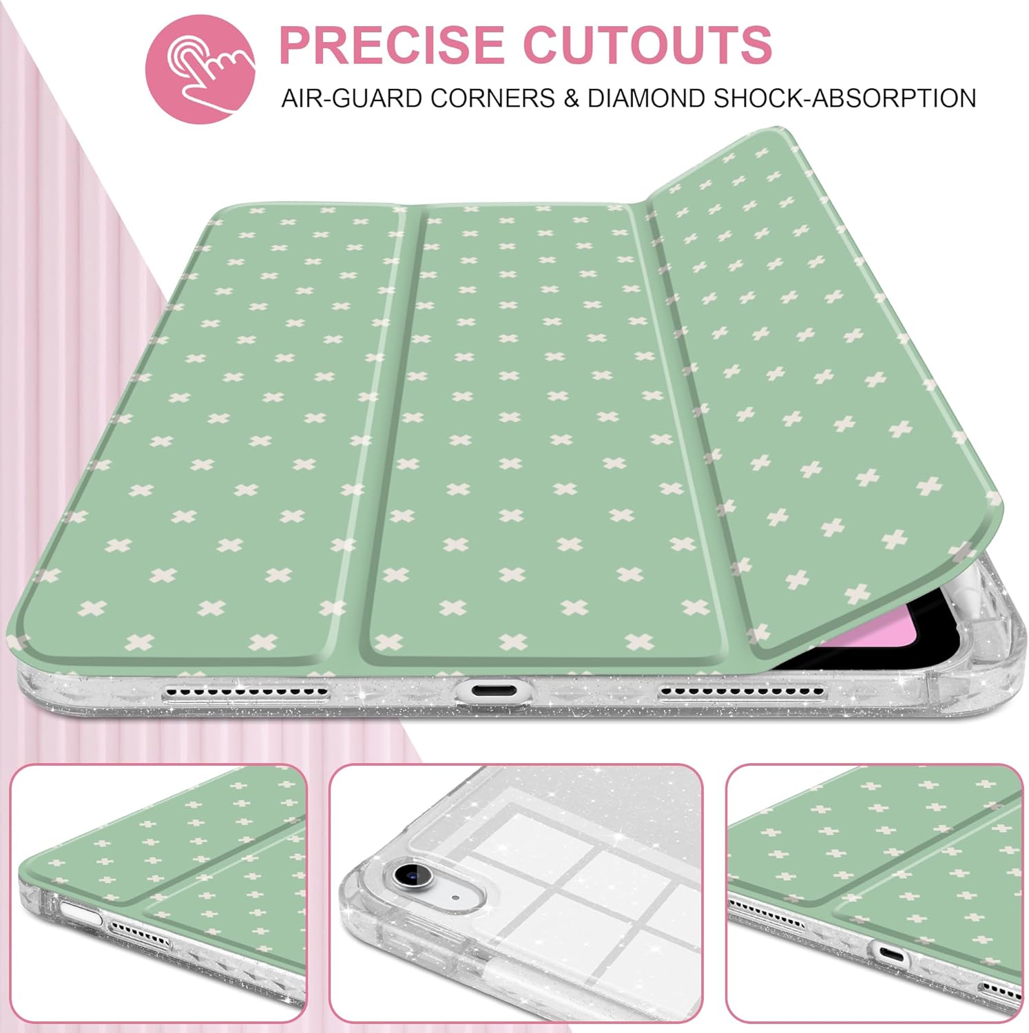 DONGKE for iPad Case 9th/8th/7th Generation 10.2 Inch (2021/2020/2019), Shockproof Glitter Acrylic Back with Trifold Stand, Pencil Holder & Auto Sleep/Wake - Green Cross Dot