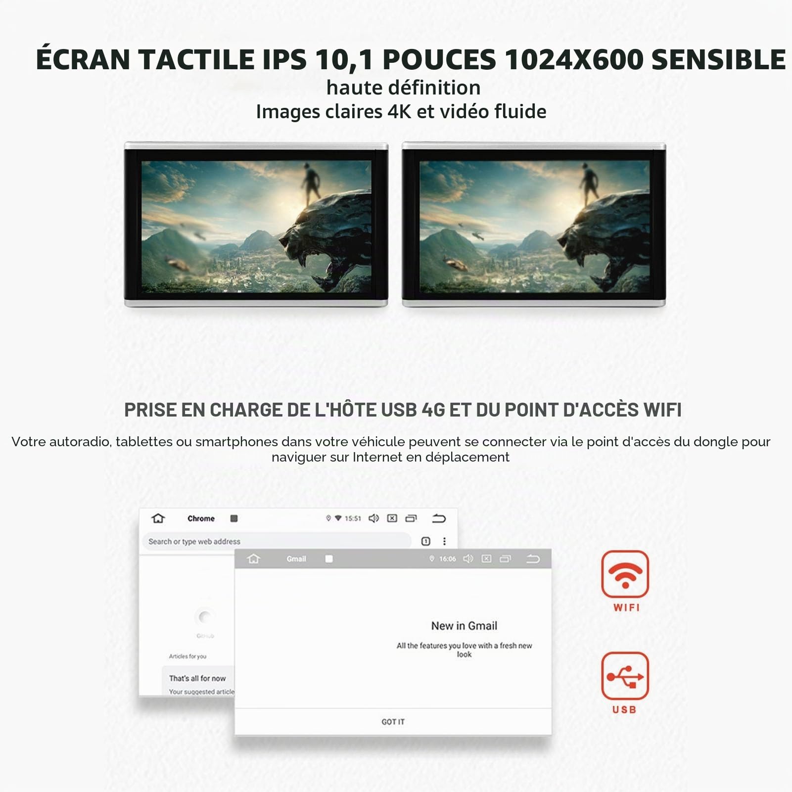 KIMISS 10,1 Pouces Moniteur de Montage D'Appui-Tête de Voiture, Lecteur DVD D'Appui-Tête Lecteurs Vidéo à Écran Tactile Multimédia Système de Divertissement de Siège Arrière pour Android 9.0