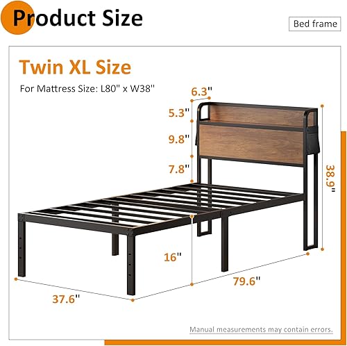 Miniatura 31 de Base de cama individual con cabecero, marcos de cama individual de 14 pulgadas, no necesita somier, soporta hasta 2500 libras, sin ruido, fácil de