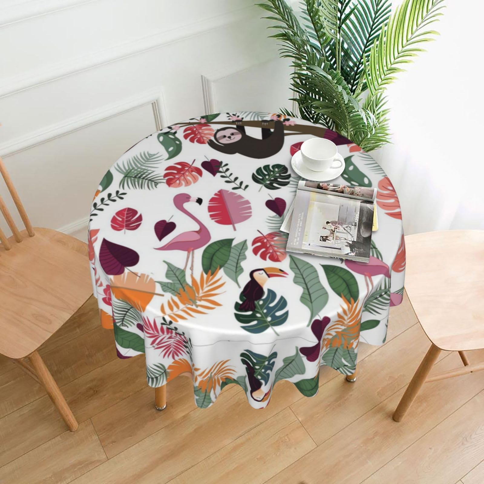 HLSBSSL Sloth in Pink Tropical Jungle Printed round decorative tablecloth, 60 inches, suitable for various tables in the living room, dining room, coffee table, etc.