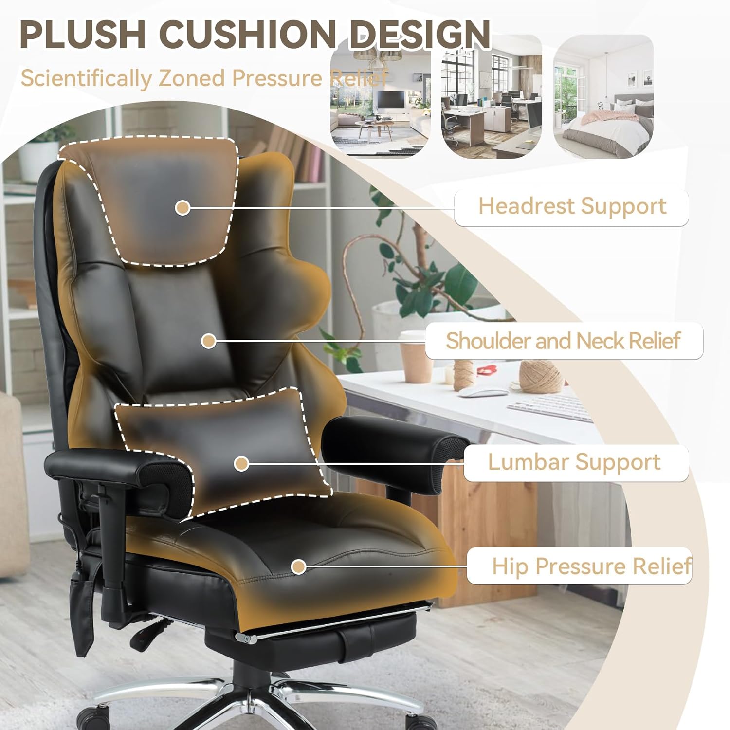 Executive Office Chair, 6-Point Vibrate Massage Office Chair with Heating Function, High Back PU Leather & Ergonomic Lumbar Support-Black