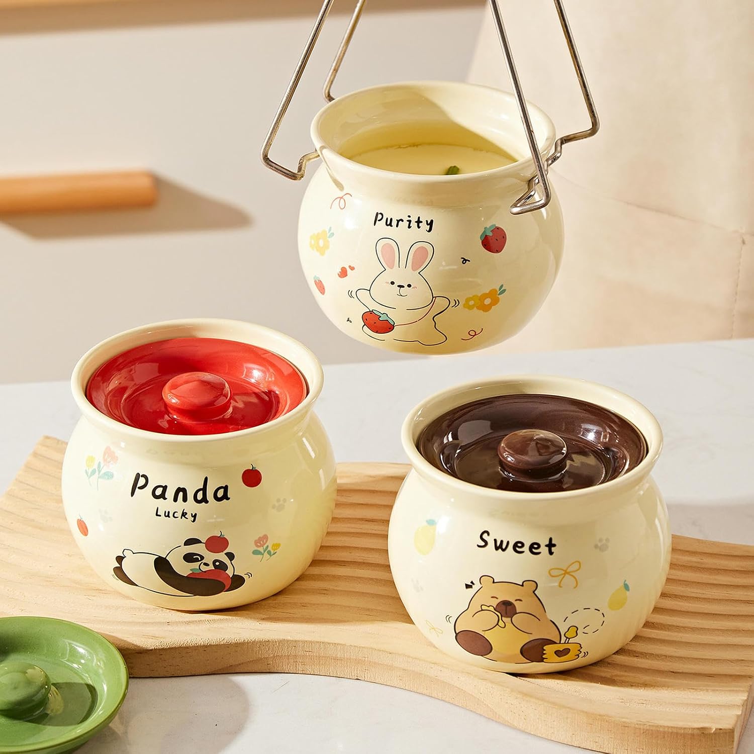 Pot ceramic stew with lid Steamed egg bowl for household supplementary tableware- An Panda