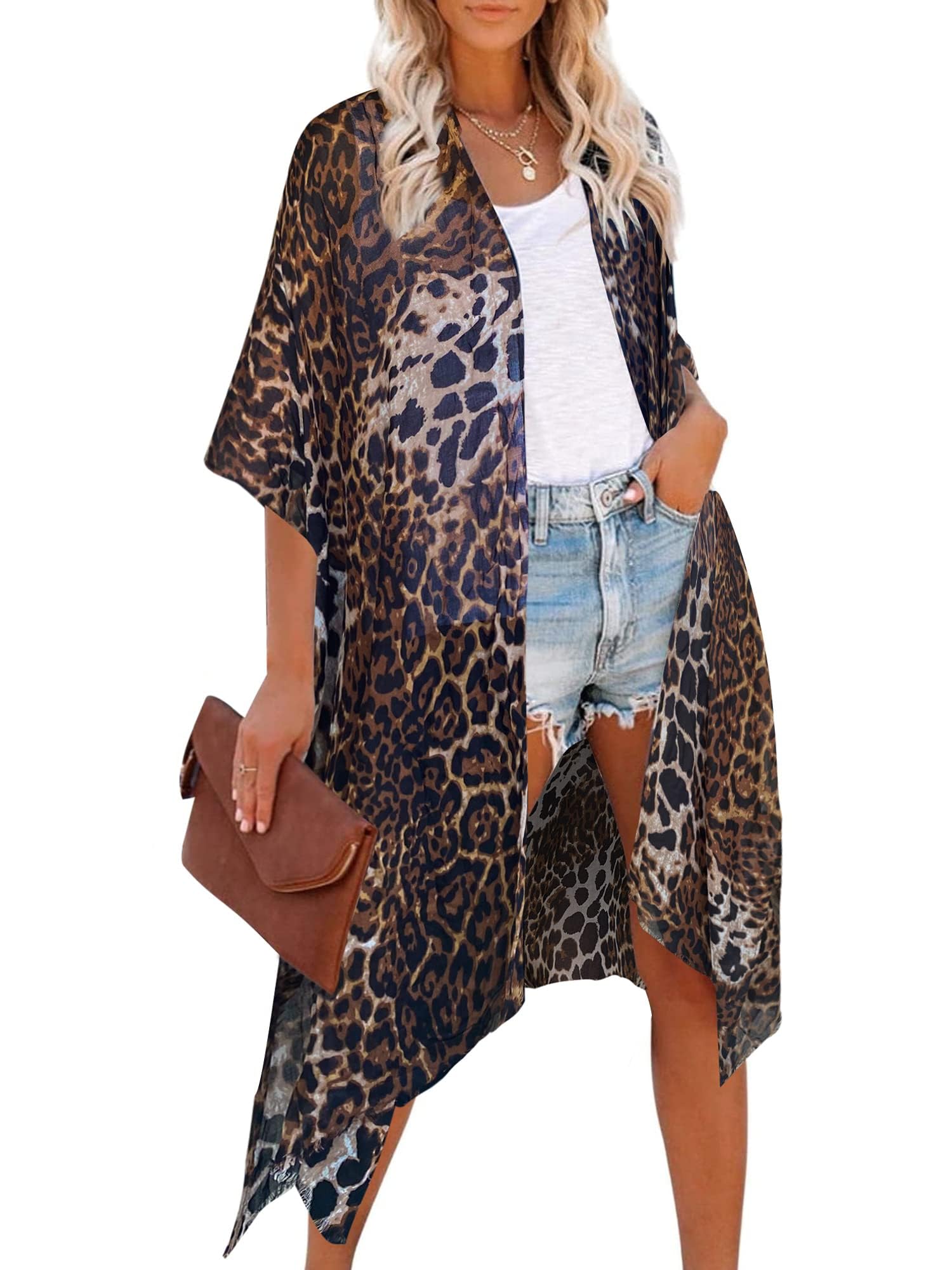 breezy lane Kimono de mujer con estampado floral, traje de baño informal para vacaciones