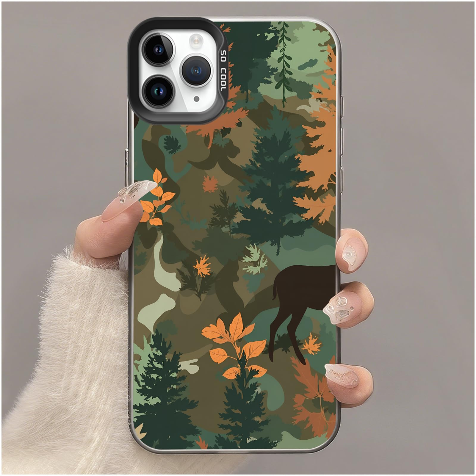 Branwen for iPhone 11 Pro Case 5.8 inch Woodland Deer Camouflage Pattern Color Silver Acrylic Hard Shell Soft Edge, Nature-Inspired & Bold, Outdoor Fans, Summer Gift