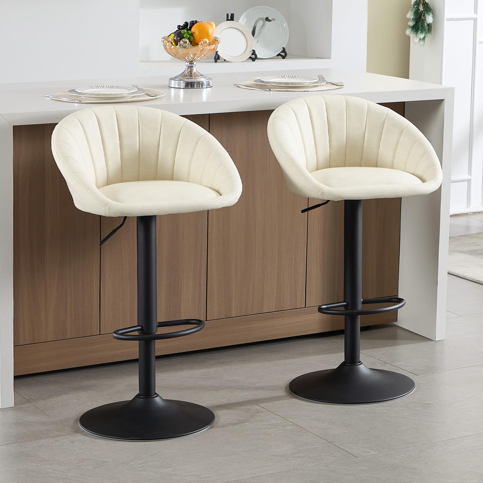 WOLTU 2X Taburetes Bar Giratorios con Respaldo Piel Sintética, Beige