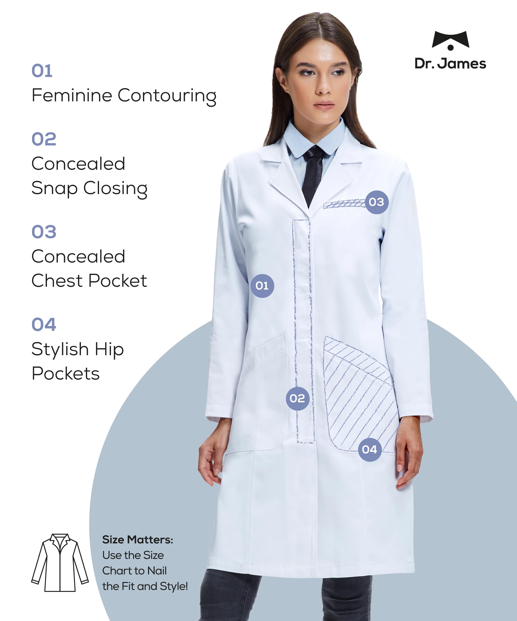 Dr. James Bate de laboratorio Premium mujeres, con múltiples bolsillos, ajuste clásico, cierre a presión oculto
