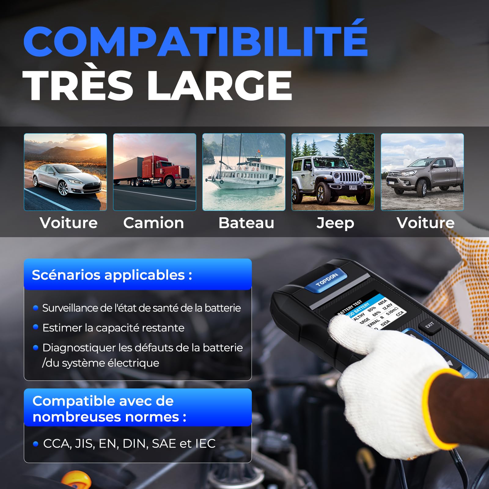 Testeur Batterie Voiture, TOPDON BT300P 12V 24V Testeur de Batterie et Alternateur Professionnel Analyseur de Batterie de Démarrage avec Imprimante Intégrée pour Auto Voiture Camion Moto