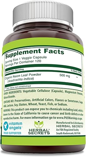 Miniatura 2 de Herbal Secrets Suplemento Neem  500 mg por porción  120 cápsulas vegetales  Sin OMG  Sin gluten  Fabricado en Estados Unidos