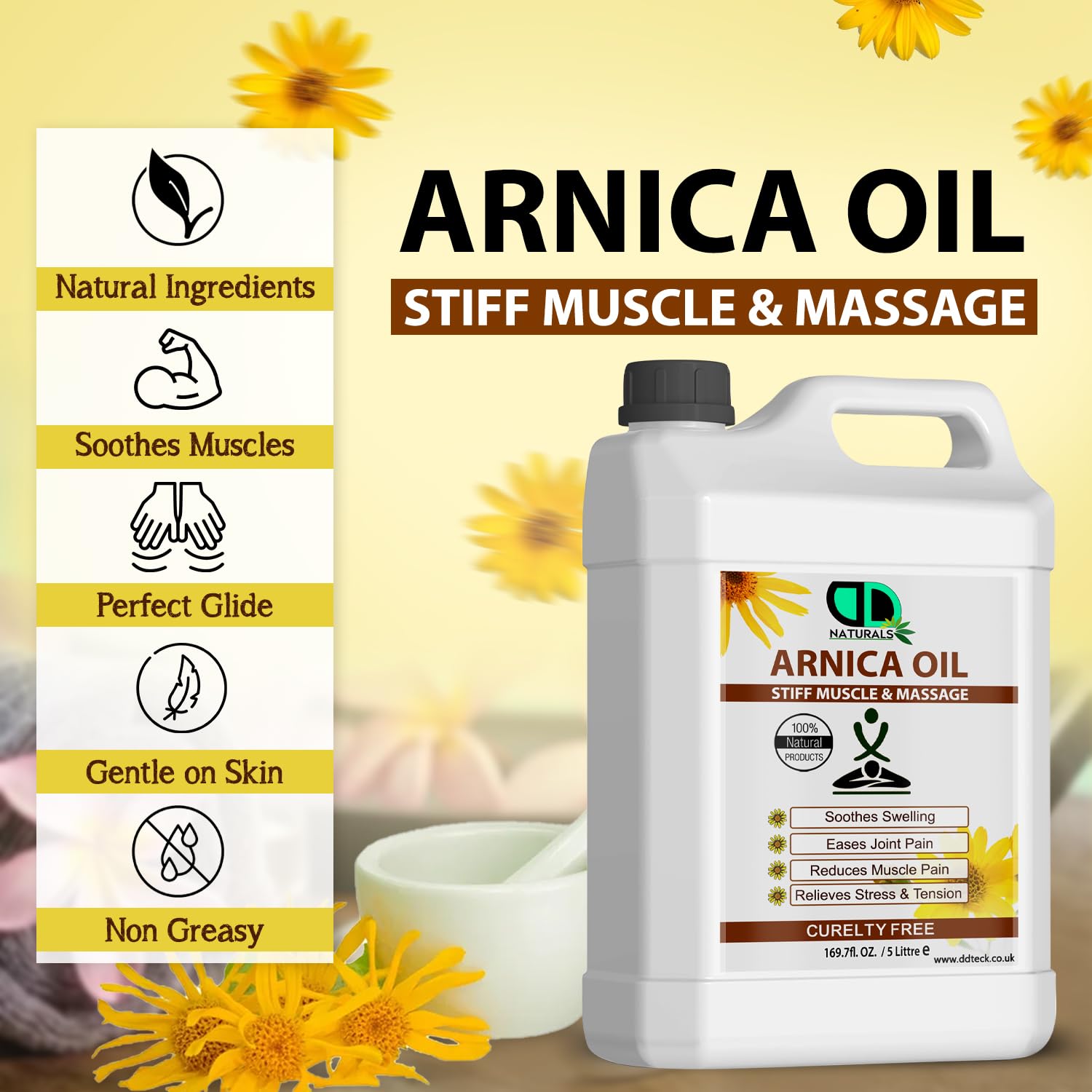 100% naturalny olejek do masażu arniki, łagodzi ból mięśni i stawów, łagodzi sztywność, łagodzi stres i napięcie oraz poprawia krążenie i zdrowie skóry (5 litrów)