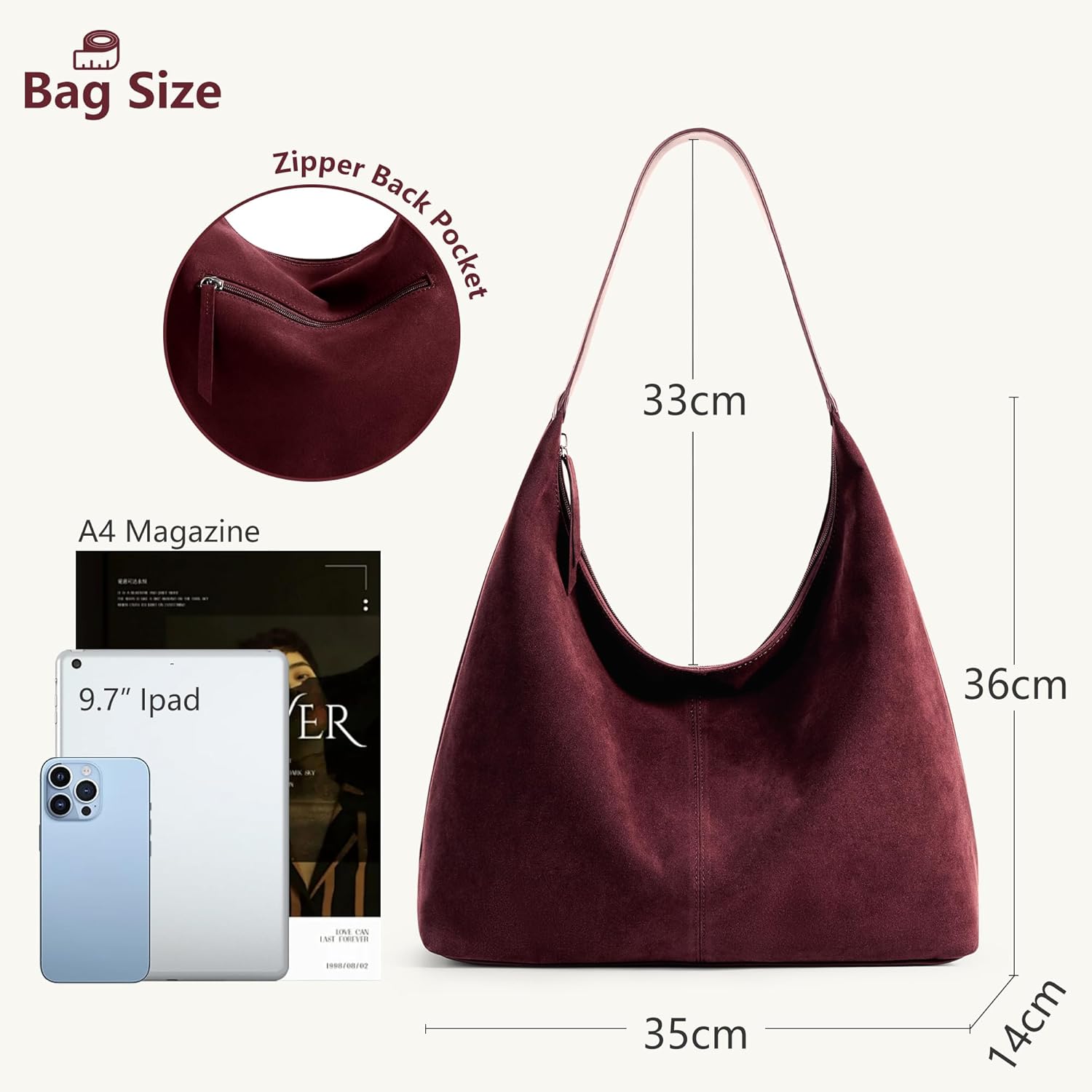 KALIDI Suede Cresent Tote, Slouchy Hobo Bag Vegan Leather Medium Zipper Shoulder Bag for Travel Work Women Purse - Image 4