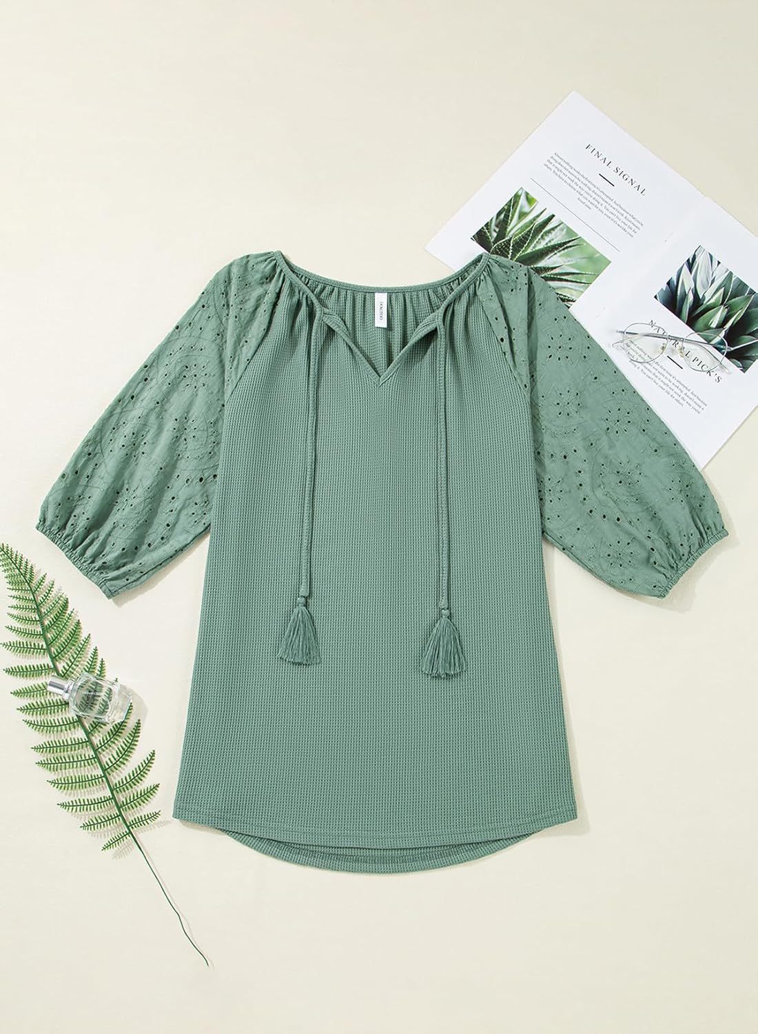 Dokotoo Women's Waffle Knit V Neck Tops Puff Sleeve Tunic Blouse Casual Summer Eyelet Shirts - Image 8