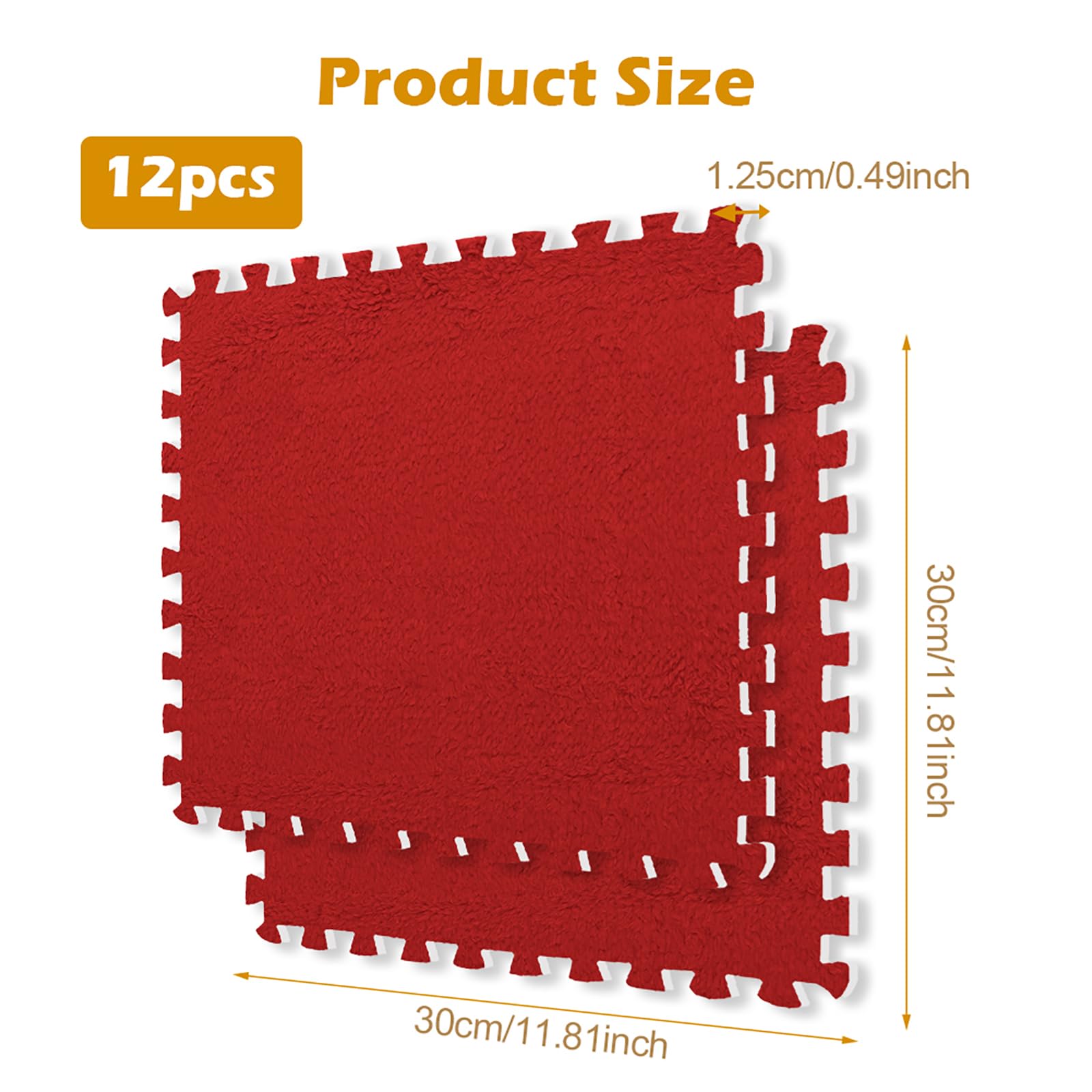 12 Pezzi Tappeto Puzzle in EVA, Tappeti Puzzle in Peluche Interconnessi, 30x30cm Tappeto Gioco Antiscivolo per Camera da Letto, Soggiorno e Cameretta Bambini (Rosso)