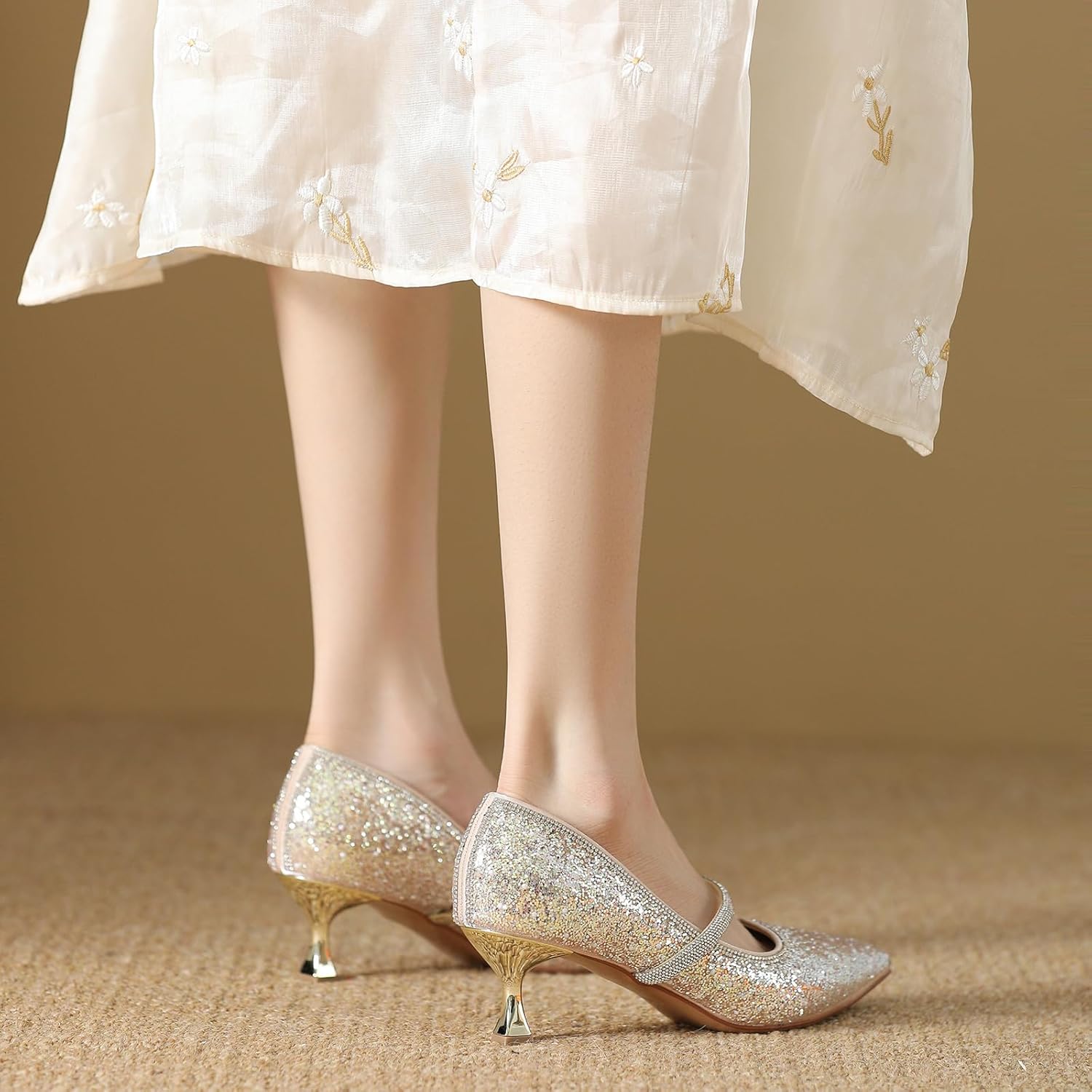 Women's Glitter Kitten Heel Pumps with Rhinestone Strap Stylish Pointed Toe Slip On Low Heel Mary Janes Sparkly Evening Banquet Date Bridal Dress Pump Shoes - Image 3