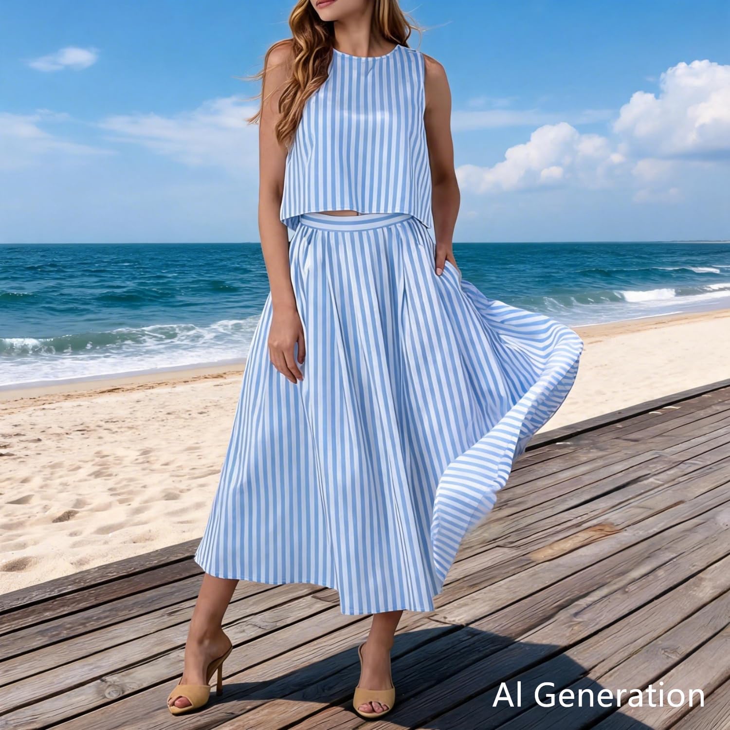 Generico Abito Midi Estivo a Righe Senza Maniche | Completo da donna composto da due pezzi: gonna, canotta a righe senza maniche e abito midi abbinato