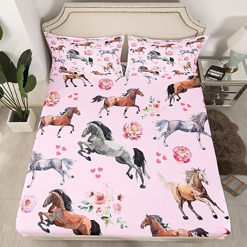 Erosebridal Sábanas de cama de caballo, tamaño individual, para niños, niñas, rosa, rosa, floral, lindo corazón, kawaii, funda de cama con 1 funda