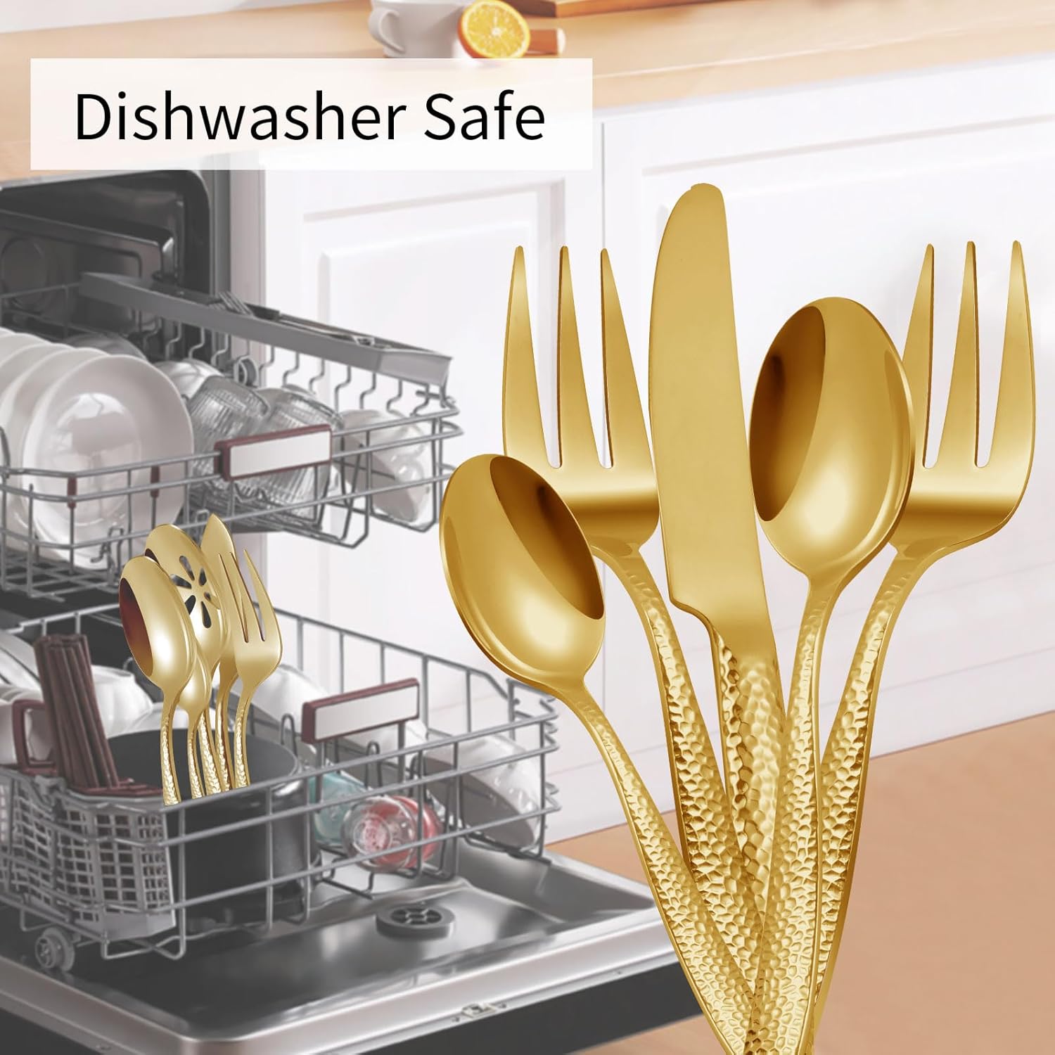 Flatware Set Gold Hammered 45 Pieces Stainless Steel Cutlery Set Silverware Serving Set Service for 8Home Event Use Wedding Housewarming Gift