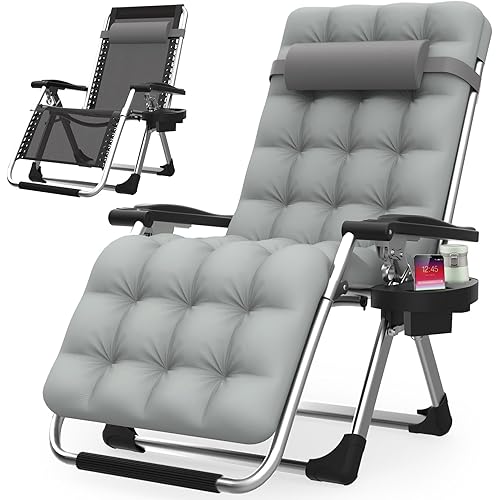 Suteck Zero Gravity Chair, Reclining Camping Lounge Chair w/Removable Cushion, Upgraded Lock and Cup Holder, Reclining Patio Chairs Folding Recliner for Indoor and Outdoor