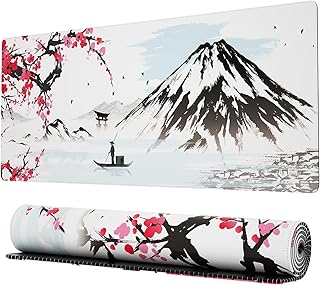 Ovenbird Japanese Mountains with Cherry Blossom Extended Gaming Computer Mouse Pad, Cute Anime Mouse Pad for Desk, Kawaii Desk Mat for Keyboard and Mouse, Black and White, 31.5 x 11.8 x 0.12 inches