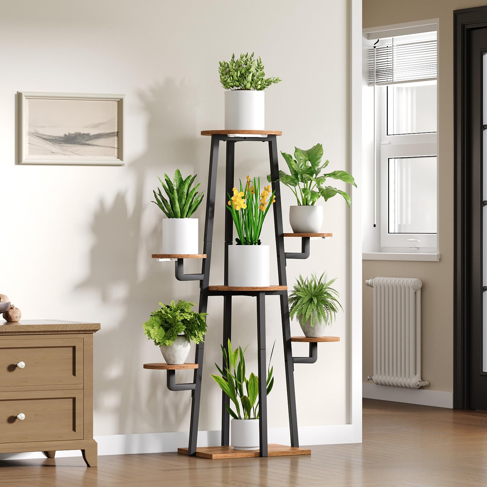 HOOBRO Wewnętrzna półka na rośliny z 3-głowicową lampą, otwartym stojakiem na kwiaty, 9 poziomów jasności i 5 trybów oświetlenia, salon, balkon, rustykalny brązowy i czarny EBF04DHJ01