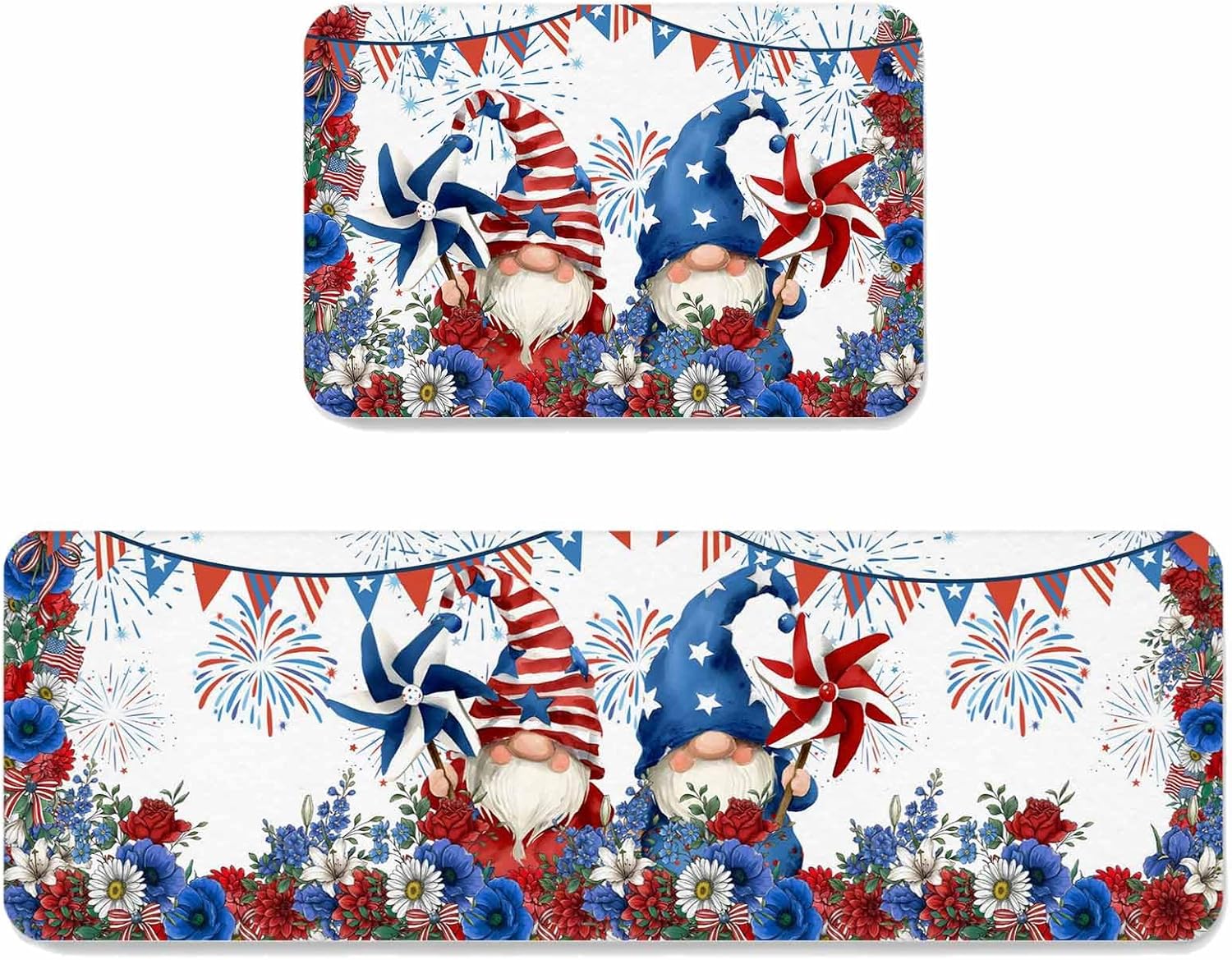 Independence Day Gnome Kitchen Mat Set 2 Pieces Country Red Blue Stripe Pennant Firework Flower Non Slip Kitchen Rugs Washable Runner Rug Mats for Sink Laundry (19.7" x 31.5"+19.7" x 47.2")