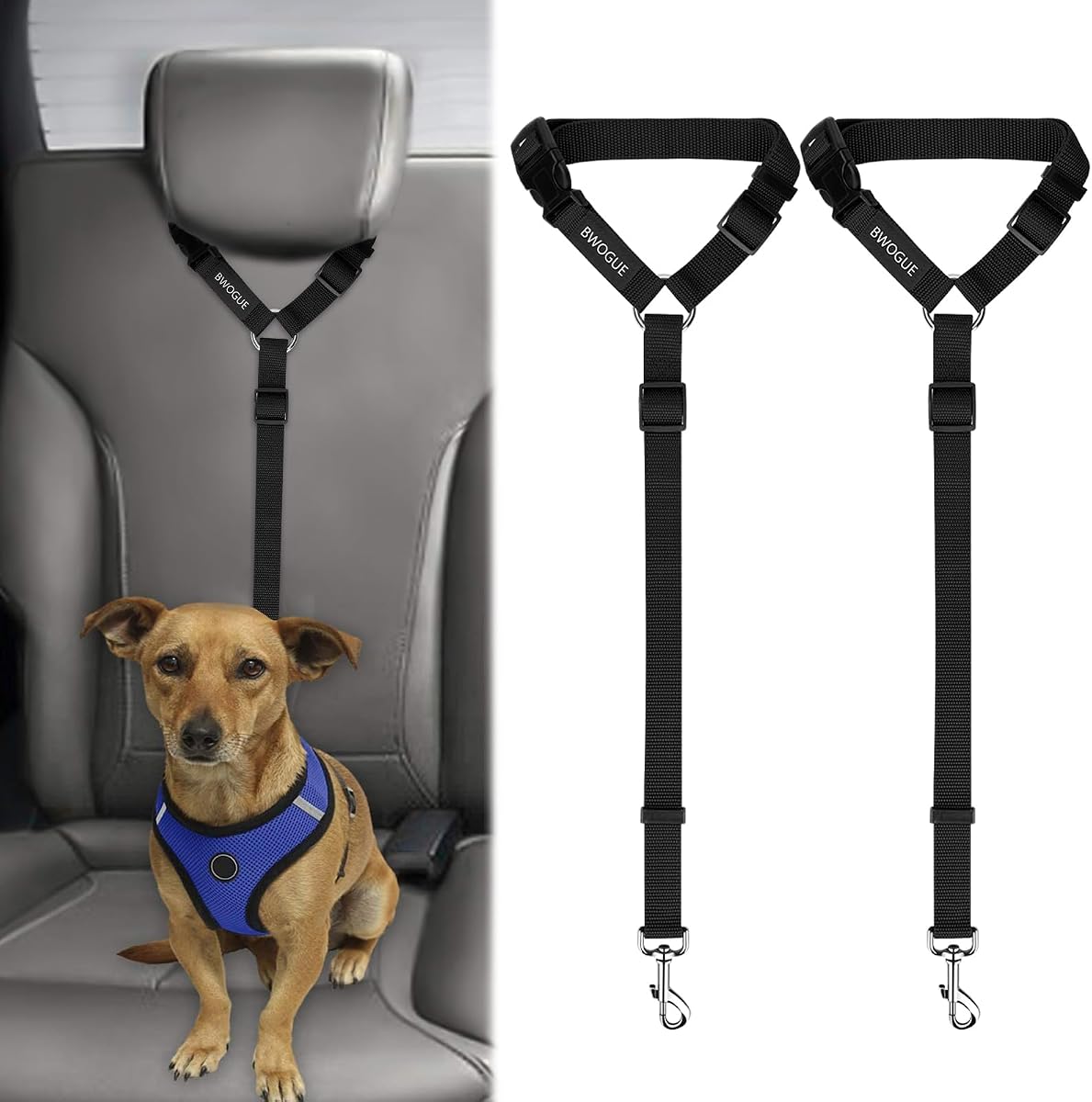 BWOGUE Paquete de 2 cinturones de seguridad para perros para automóvil, correas de seguridad para reposacabezas | Bucle para reposacabezas para viajes en automóvil, ajustable de 18 a 30 pulgadas, cinturón de seguridad y correa 2 en 1, paquete de 2 para perros y gatos, uso con arnés para perros