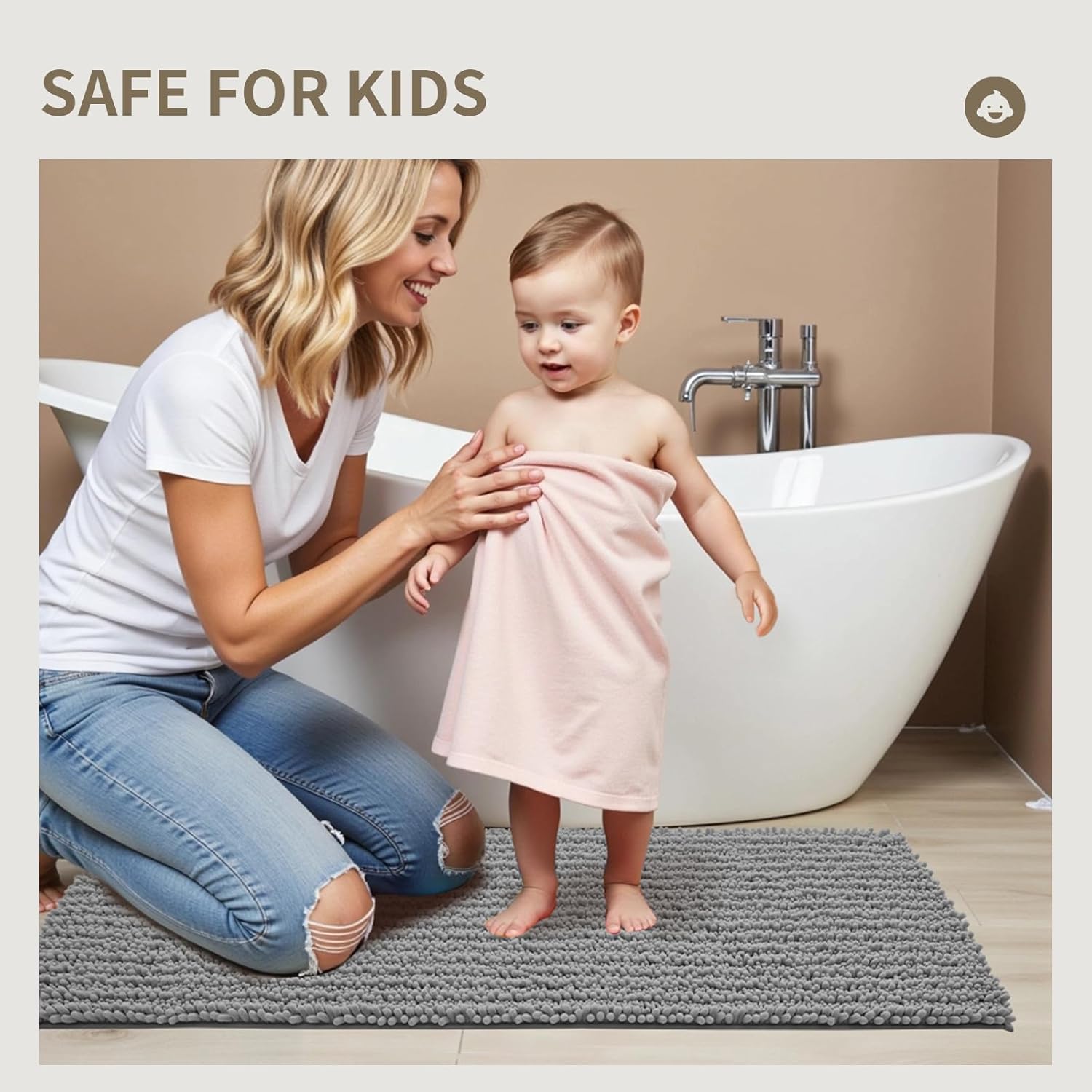 Bathroom Rugs Non Slip Washable, Extra Thick Soft Chenille Absorbent Bath Mat, High Density Barrier Non Slip Backing, Quick Dry Plush Shaggy Floor Carpet for Tub&Shower , Grey