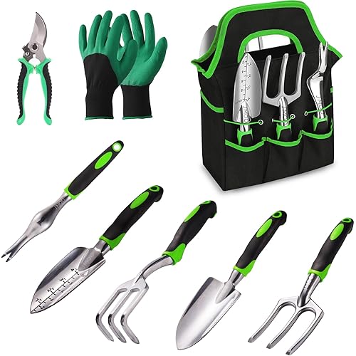 JMOO Garden Tool Set, 8 Piece Heavy Duty and Lightweight Aluminium Alloy Gardening Hand Tools with Non-Slip Ergonomic Handle, Storage Tote Bag, Durable Gardening Tool Set Gift for Women and Men