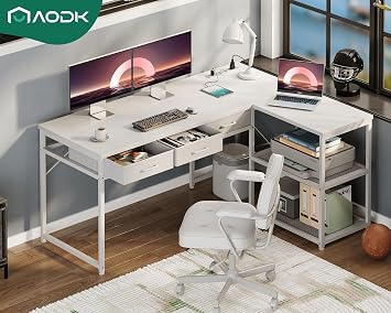 AODK 53 Inch L Shaped Computer Desk with Drawers, Corner Desk with Power Outlets & Reversible Storage Shelves, for Home Office Gaming, White