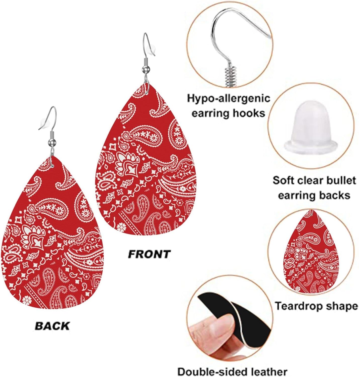 Red Bandanna Paisley Faux Leather Teardrop Earrings for Women Drop Dangle Earrings - Image 3