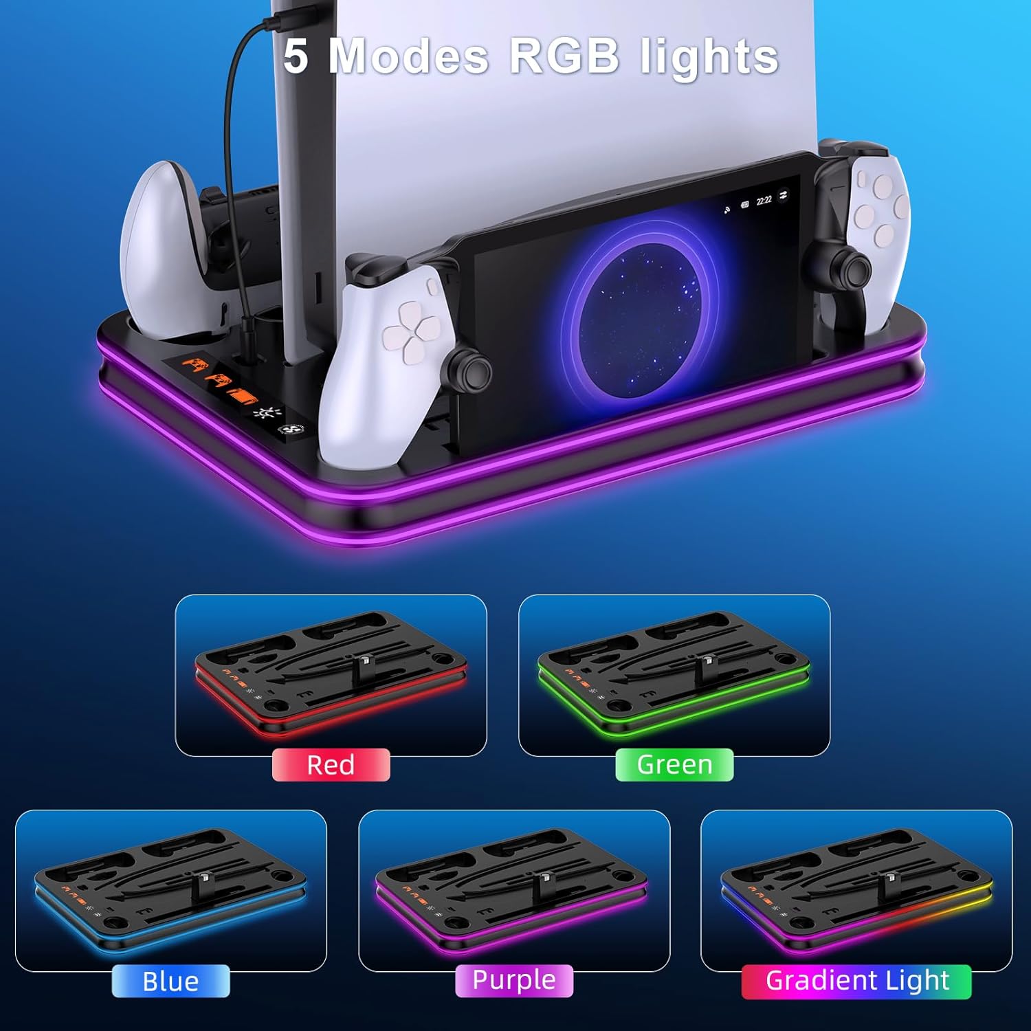 FYOUNG All in One Cooling Stand & Charger Station for PS5/Slim/Pro Console and Controller Charing Dock, Charging Stand for PlayStation Portal, Headset and Remote Holder with RGB Light Stand (Black)