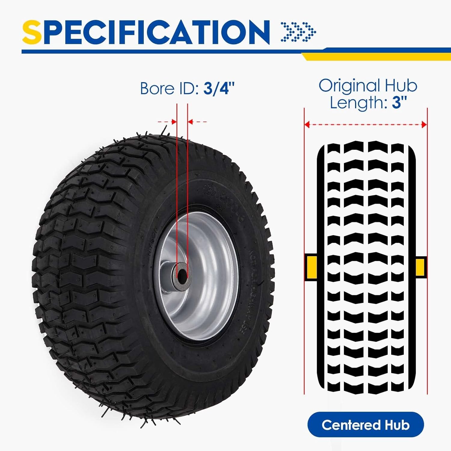 Mower Front Tires w/Rim 15x6.00-6", 3" Centered Hub, 3/4" Greased Bushing, Turf Tire 4Ply Pneumatic with Tube for Craftsman Riding Mowers 156006 (2 Pack)