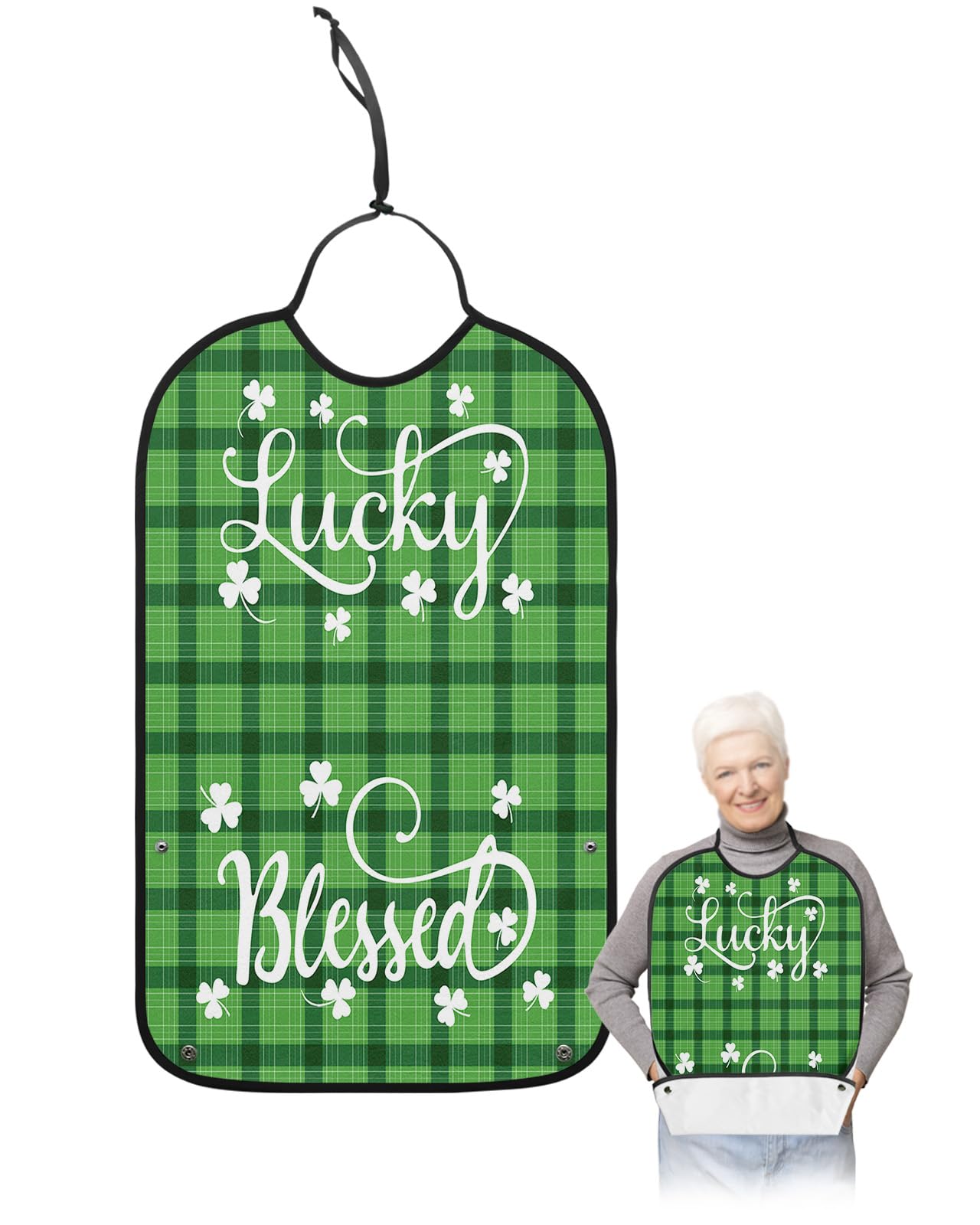 St. Patrick's Day Adult Bibs for Eating, Waterproof Bibs with Food Catcher & Adjustable Snap Closure, Green and Black Buffalo Plaid Clover Lucky Splicing Clothing Protectors Adult Bibs for Elderly