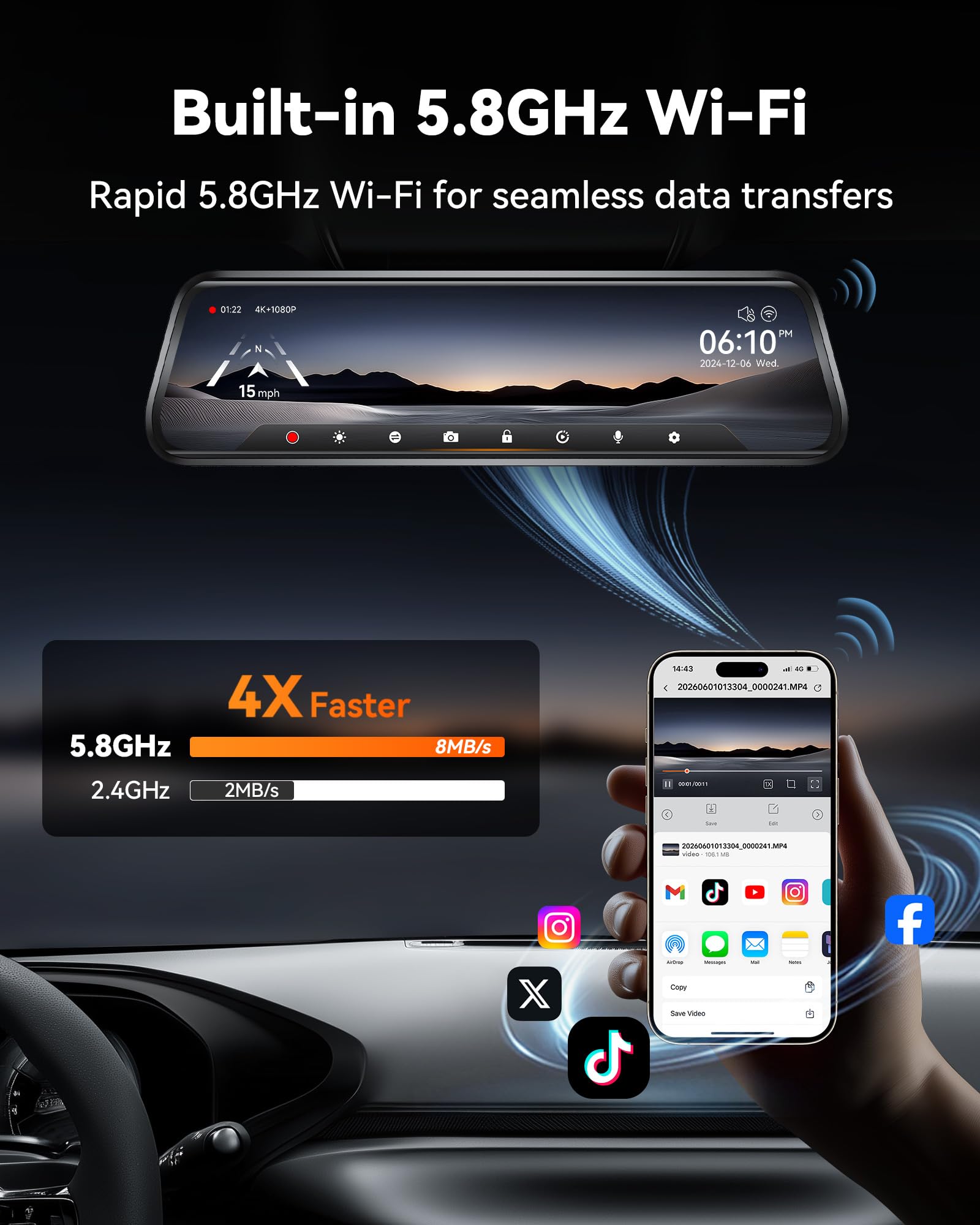 Kamera cofania WOLFBOX G930 10'' z Wi-Fi 5,8 GHz, kamera samochodowa 4K z przodu i z tyłu z WDR, monitor parkowania, asystent cofania, w tym mapa 64 GB i GPS