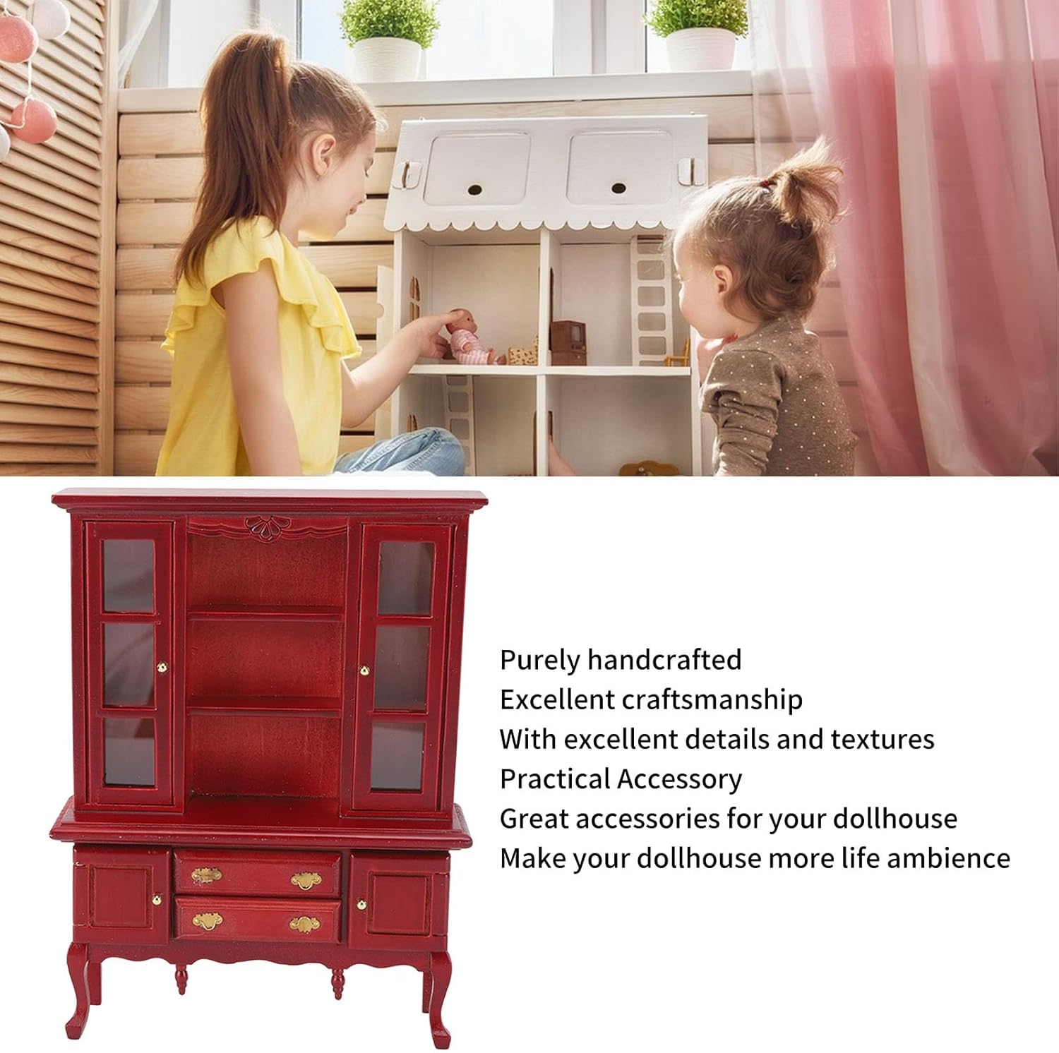 VBESTLIFE Dollhouse Furniture Cabinet, 1:12 Scale Wooden Cupboard Bookcase Display Shelf, Dollhouse Bookshelf for DIY Dollhouse Living Room (Redwood Color)