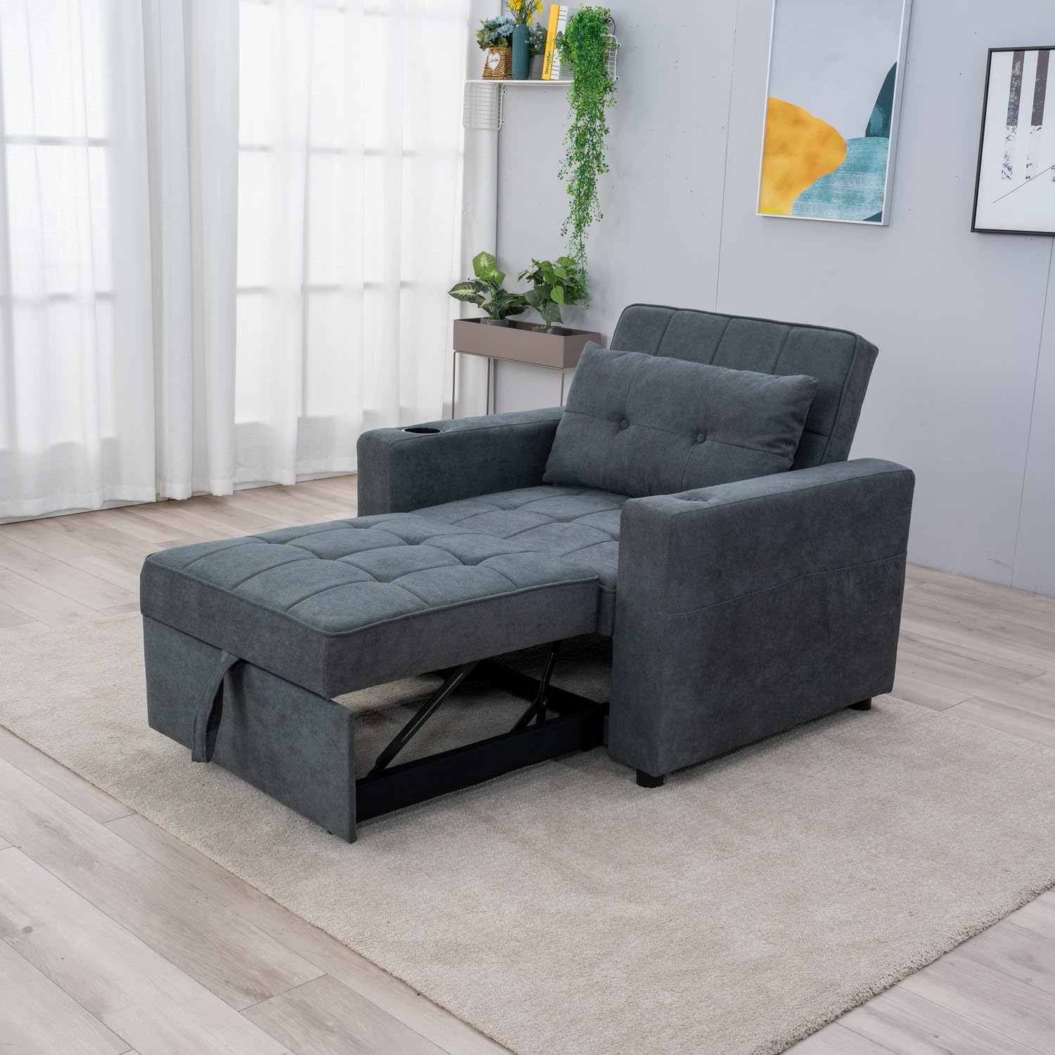 Panana Sleeper Chair 3-in-1 Convertible Chair Bed Pull Out Sleeper Chair Beds Adjustable Single Armchair Sofa Bed with USB Ports, Side Pocket, Cup Holder for Small Space (Gray Linen Single Sofabed)