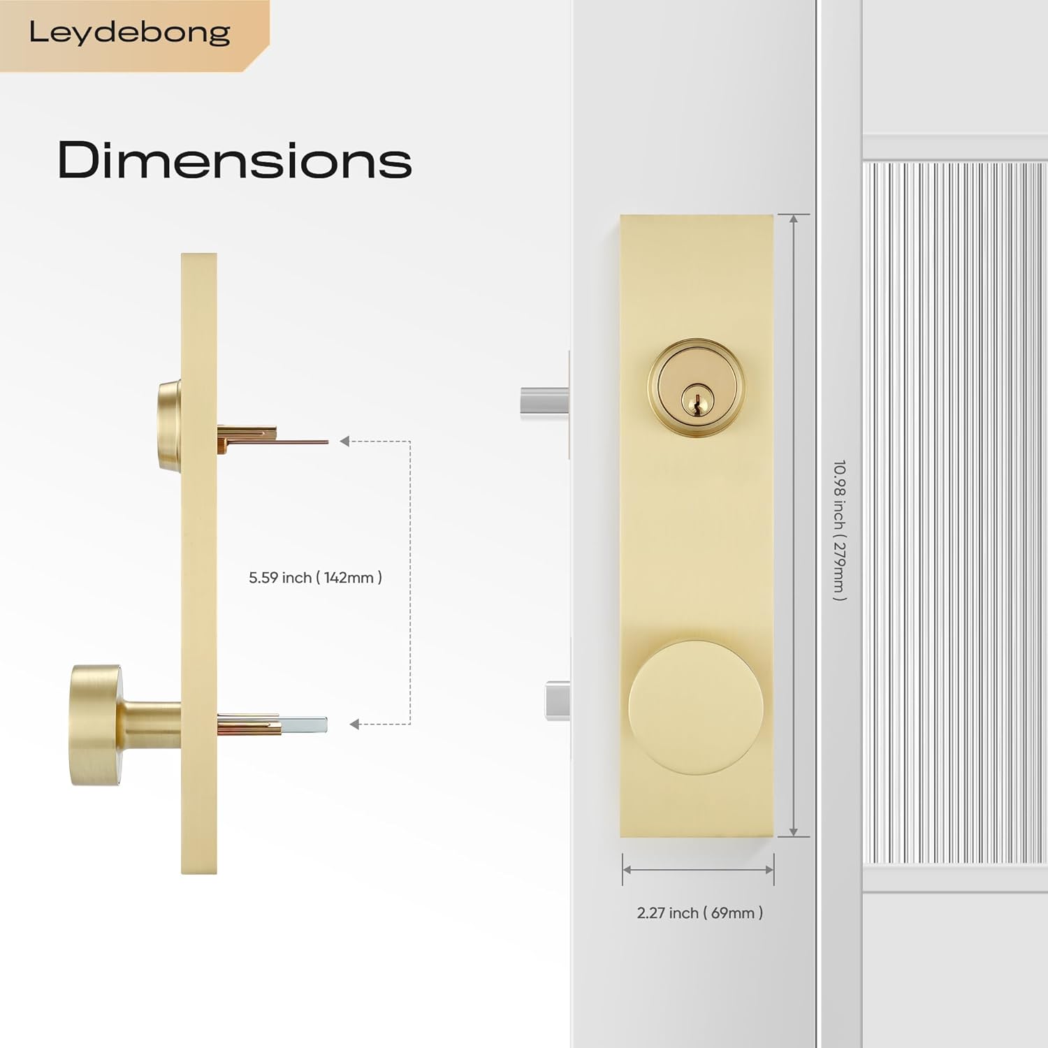 Leydebong Gold Front Door Lock Set with Deadbolt, Heavy Duty Mesa Knob for Exterior Door Use, Modern Keyed Handleset Finish in Satin Brass