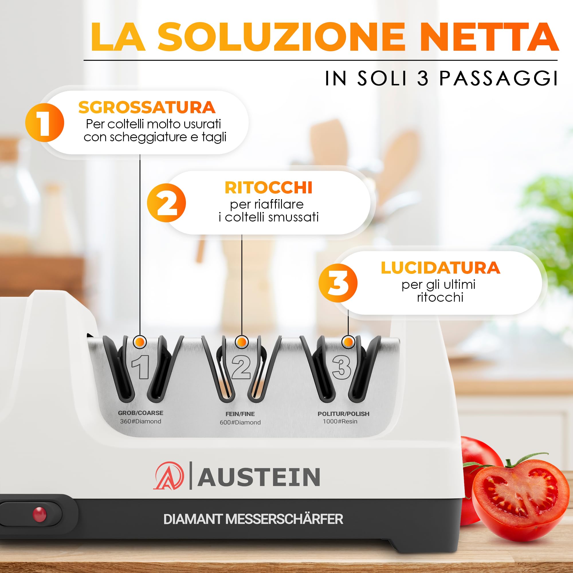 AUSTEIN Affilacoltelli elettrico Professionale al diamante TG2202 - con 3 Fasi Versatili, Mole diamantate Monocristalline, Affilatura Rapida, Motore Ultra Silenzioso, Protezione dal Surriscaldamento
