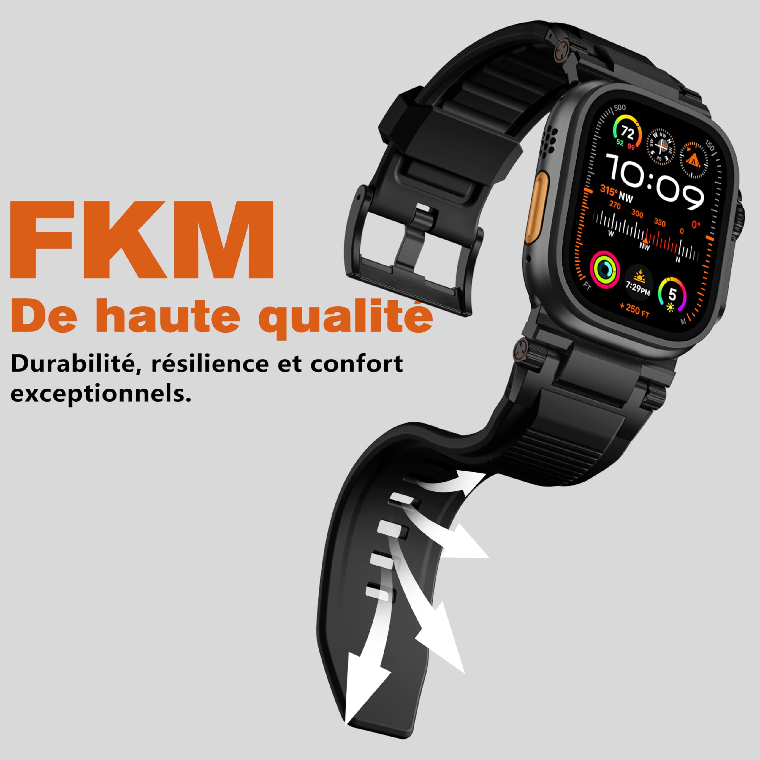 Bandletic Bracelet Compatible avec Apple Watch 49mm 46mm 45mm 44mm 42mm | Band rechange Robuste FKM avec élégant connecteur Métallique pour iWatch Ultra 3/2/1 Series 11 10 9 8 7 SE 6 5 4 3 2 1, Noir