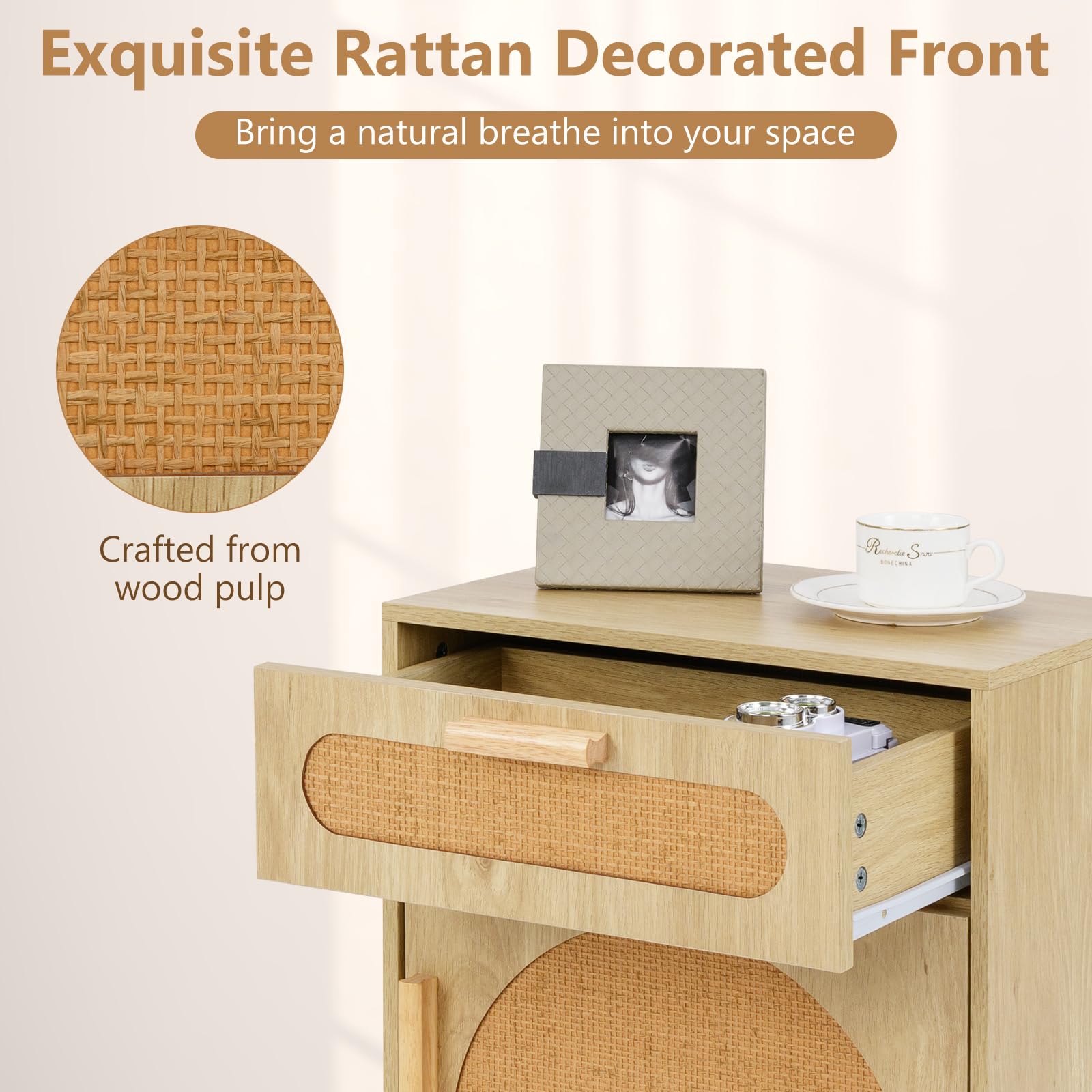 Comodino in rattan con gambe in legno massello, per soggiorno e camera da letto, 45 x 30 x 61 cm, naturale h